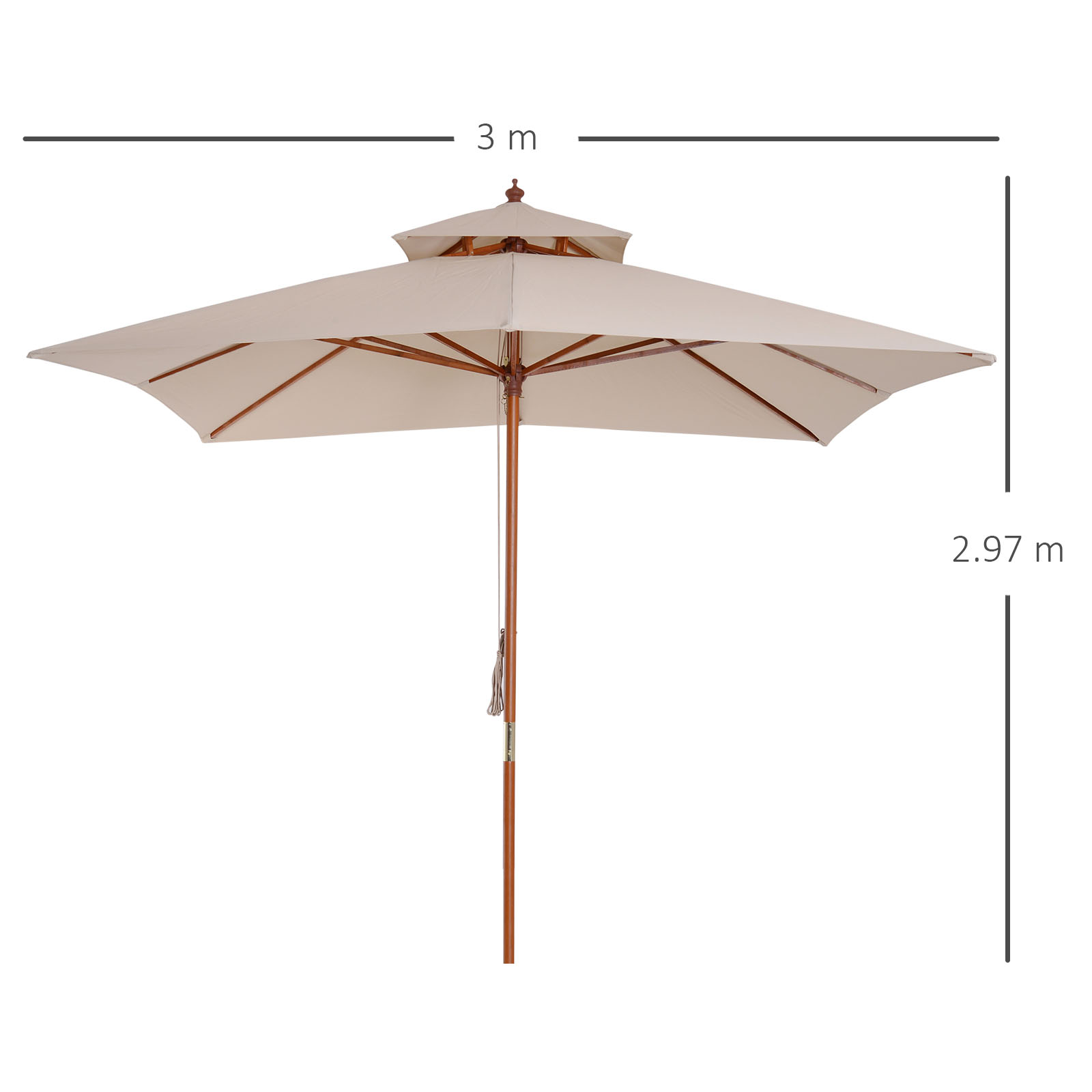 Outsunny 3 x 3 metre Patio Parasol Garden Umbrellas Sunshade Outdoor Wooden Parasol Canopy Double Tier, Beige, BASE NOT INCLUDED 3