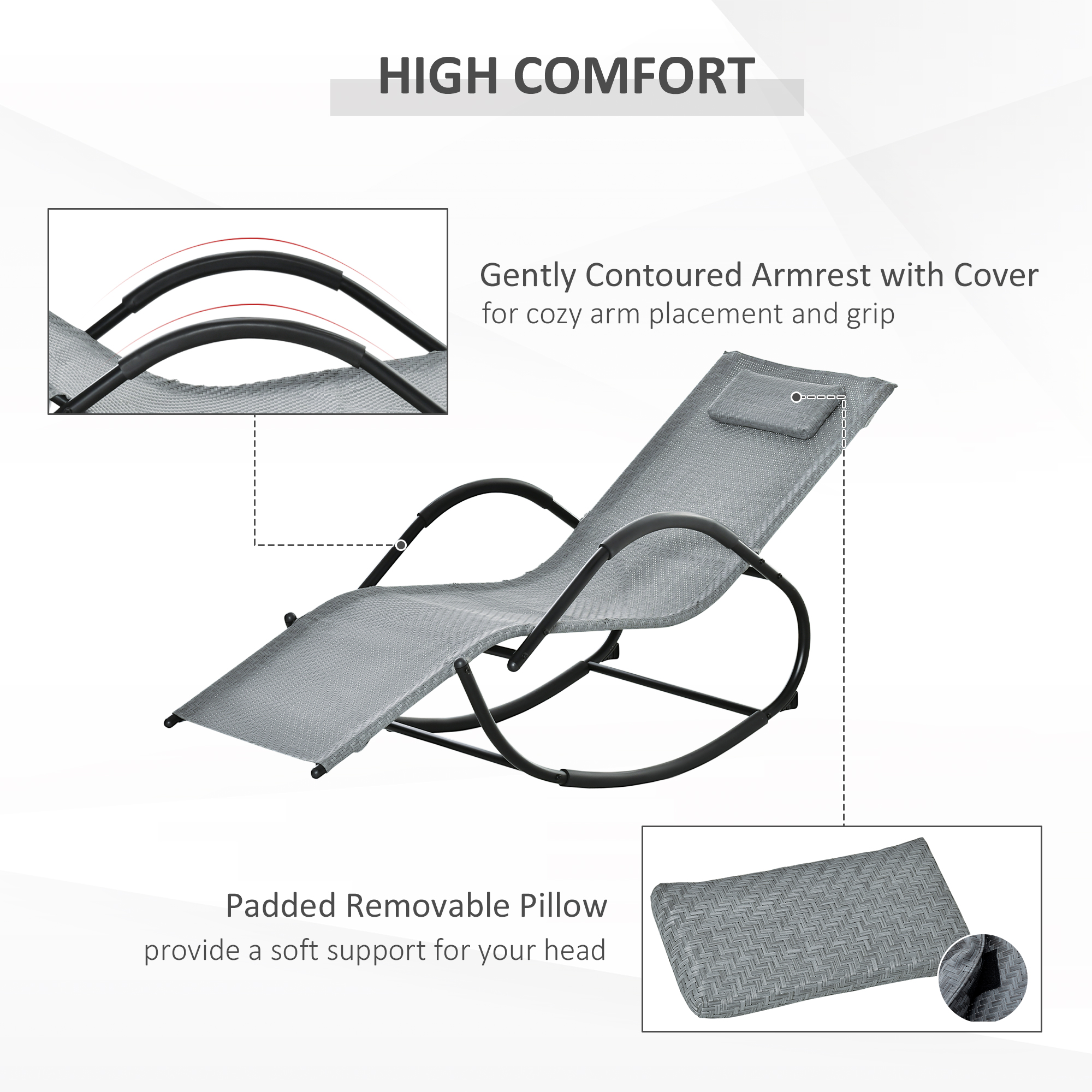 Outsunny Zero Gravity Rocking Lounge Chair Rattan Effect Patio Rocking Chair w/ Removable Pillow Recliner Seat Breathable Texteline Grey 5
