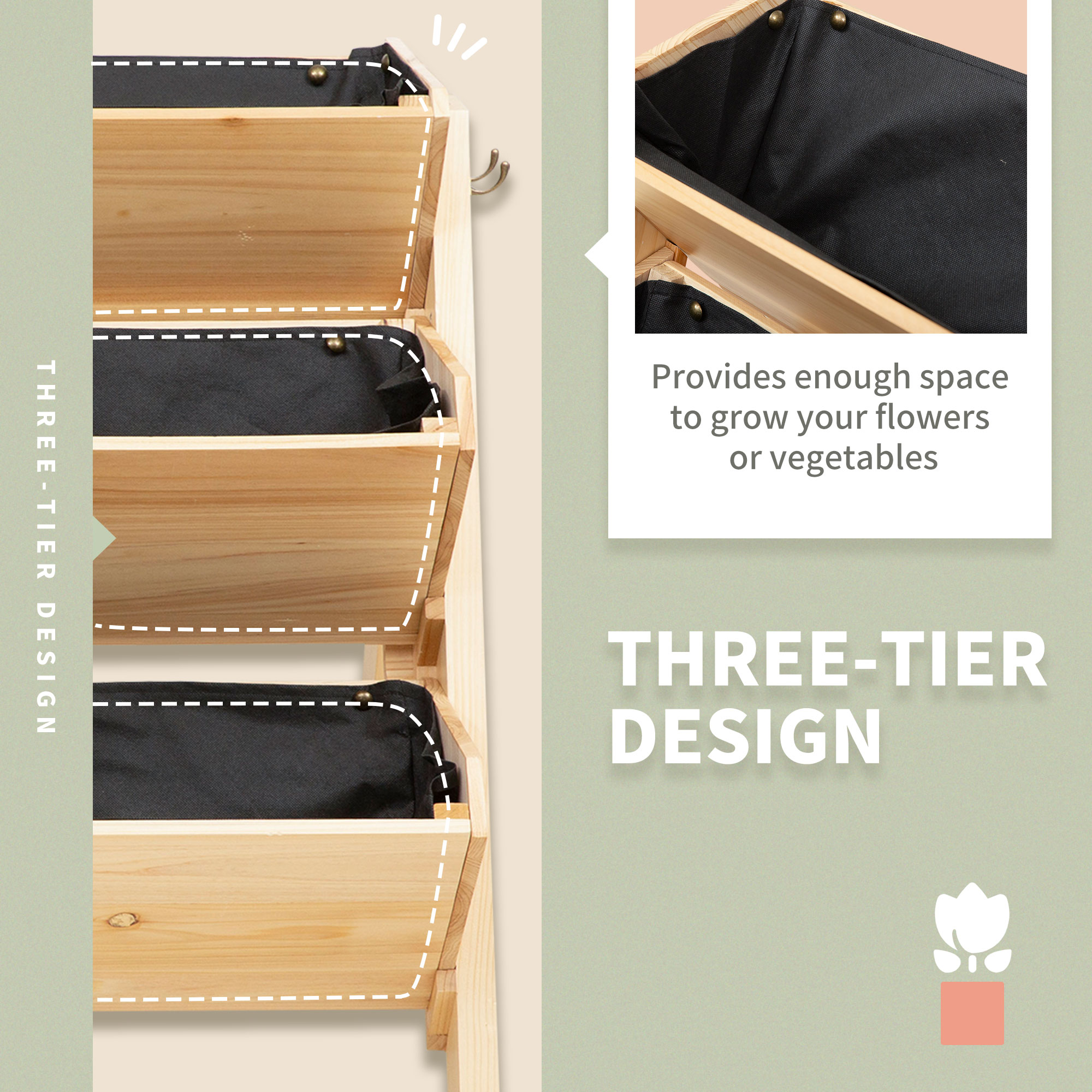 Outsunny 3 Tier Raised Beds for Garden, Wooden Planter Boxes with Clapboard and Hooks, 142L, 120 x 68 x 80cm 6