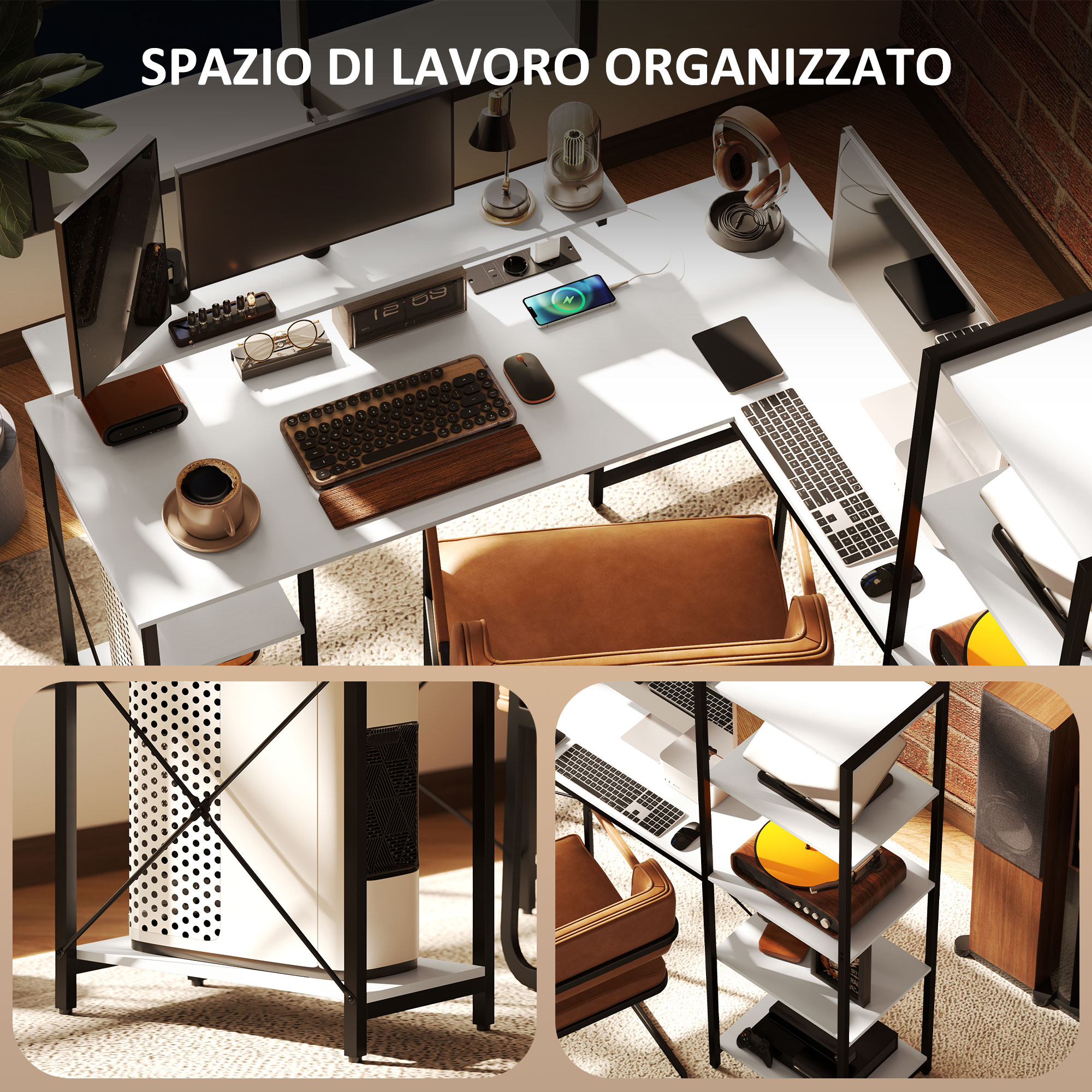 HOMCOM Scrivania Angolare Con Presa Elettrica E USB Scaffale E Support