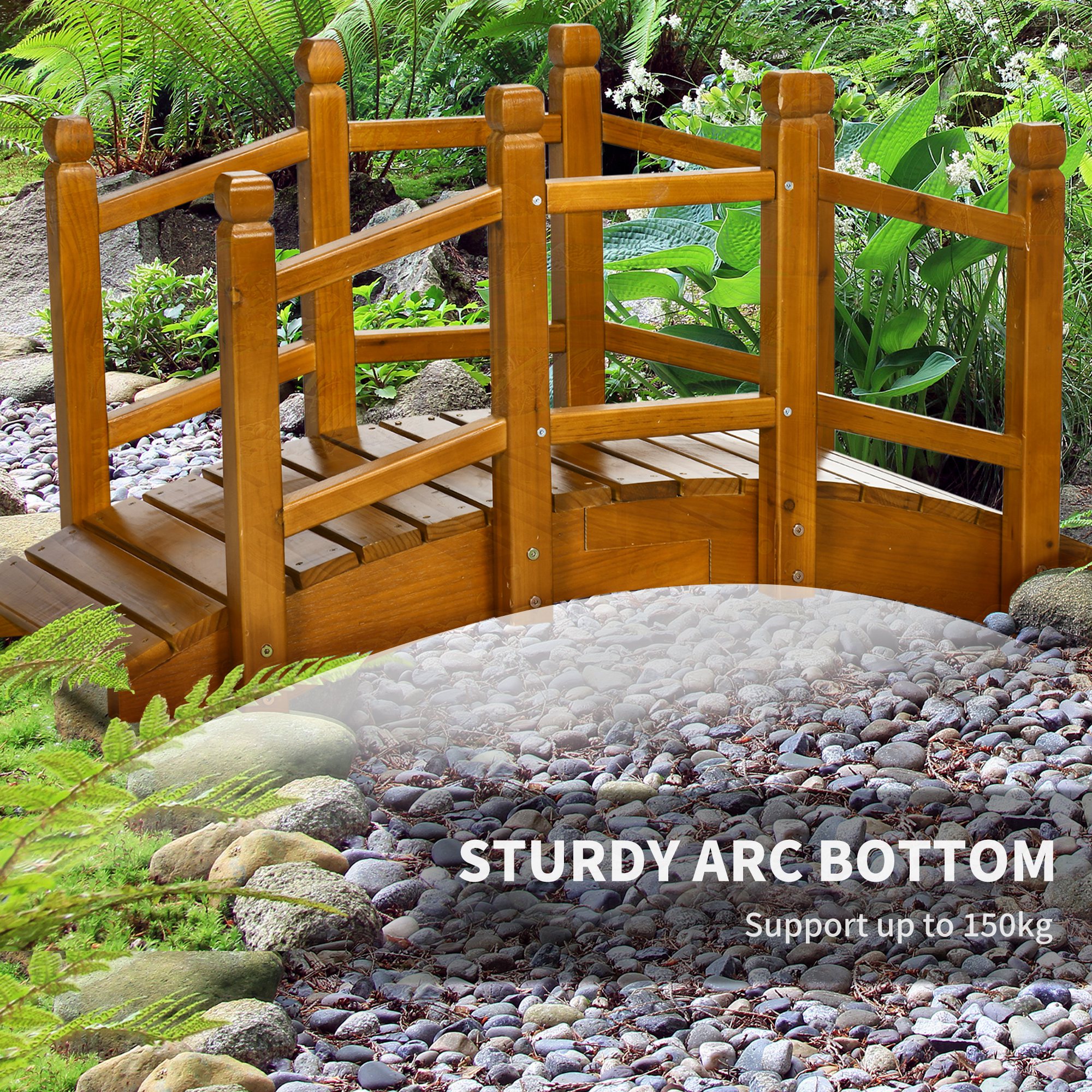 Outsunny Wooden Garden Bridge with Safety Railings, Arc Footbridge for Pond Backyard Stream, Brown 4
