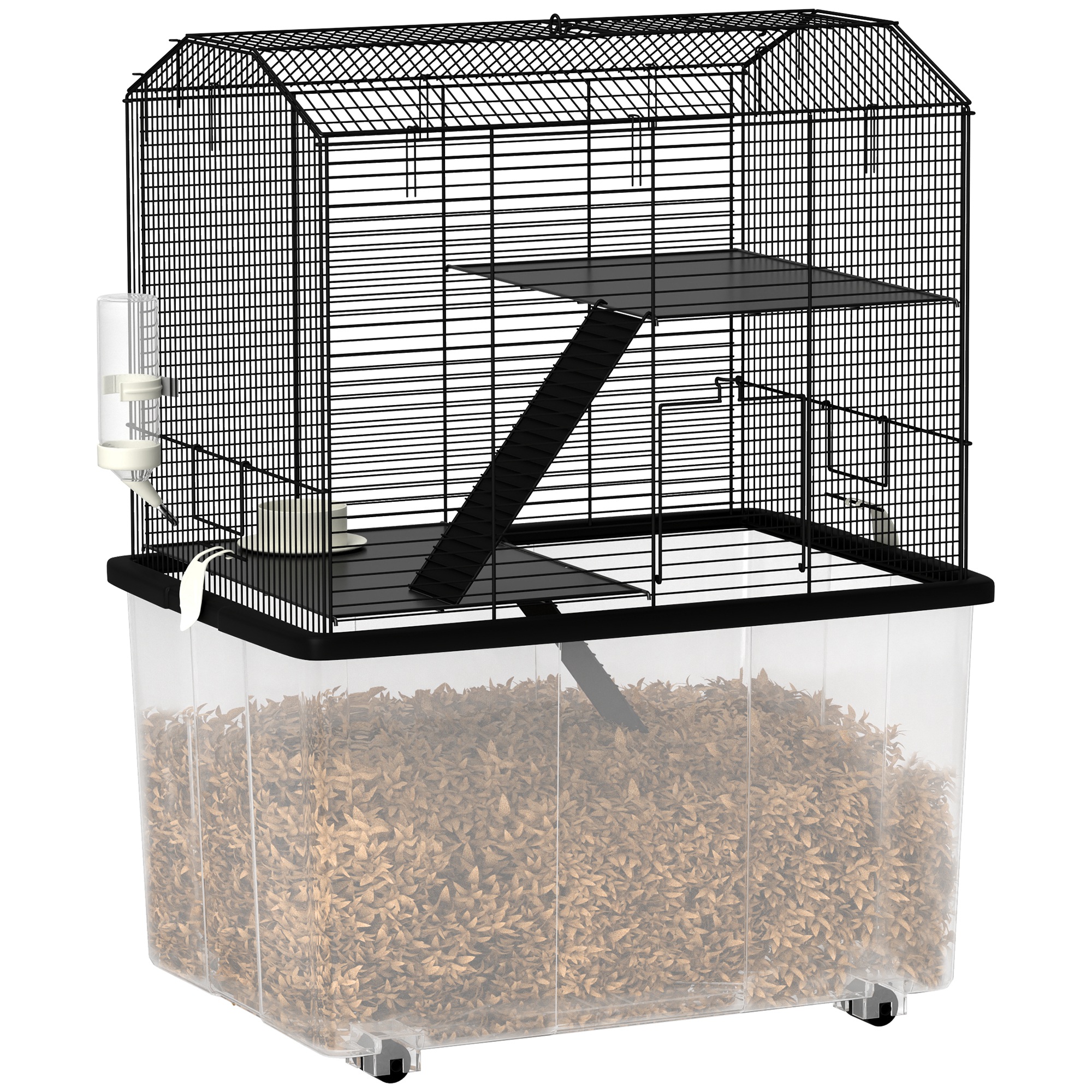 PawHut Two-Tier Gerbil Cage, Hamster Cage for Dwarf Hamster, Syrian Hamster w/ Wheels, Deep Bottom, Food Dish, Water Bottle