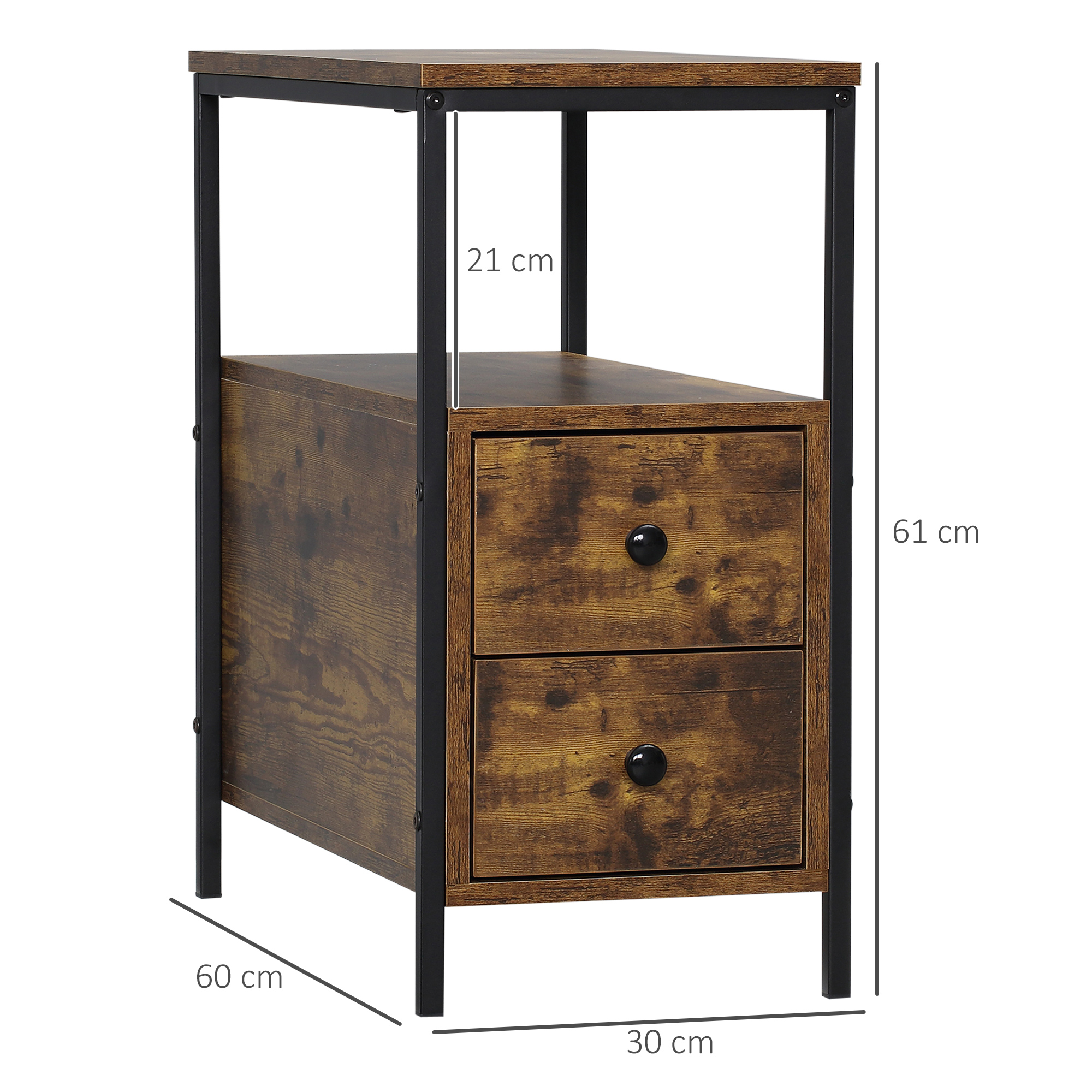 HOMCOM Side Table, Narrow Bedside Table with 2 Drawers and Storage Shelf, Industrial End Table with Metal Frame for Small Spaces, Rustic Brown 3