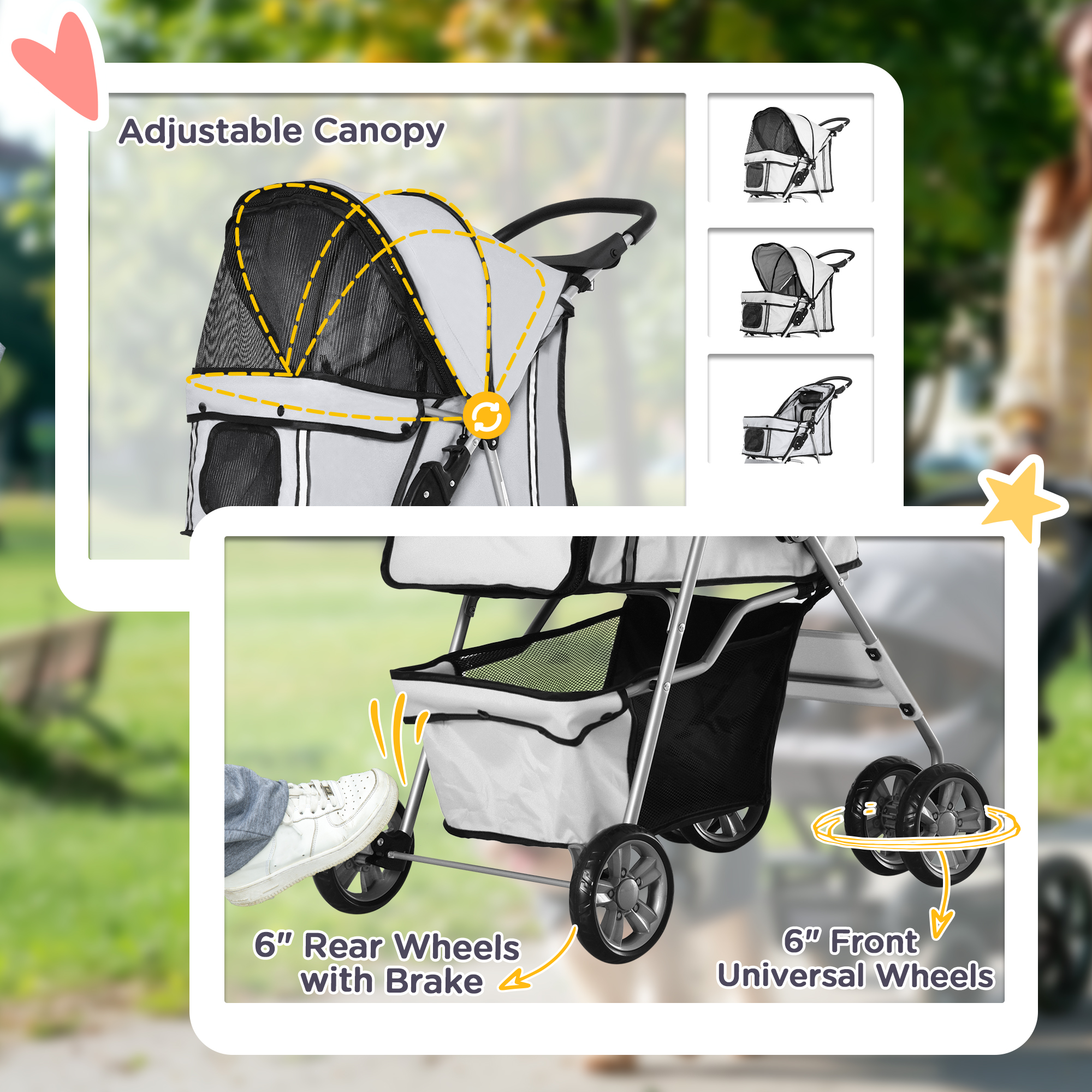 PawHut Pet Stroller for Small Miniature Dogs Cats Foldable Travel Carriage with Wheels Zipper Entry Cup Holder Storage Basket Grey 6