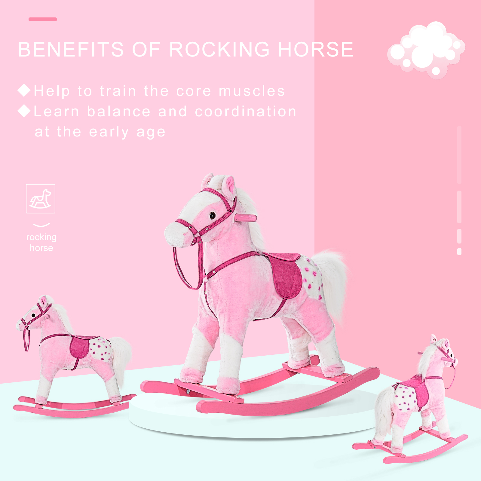 HOMCOM Baby Rocking Horse Plush Ride on Animals Rocker with Sound Handle Grip for Kids 3-6 Years Pink 6