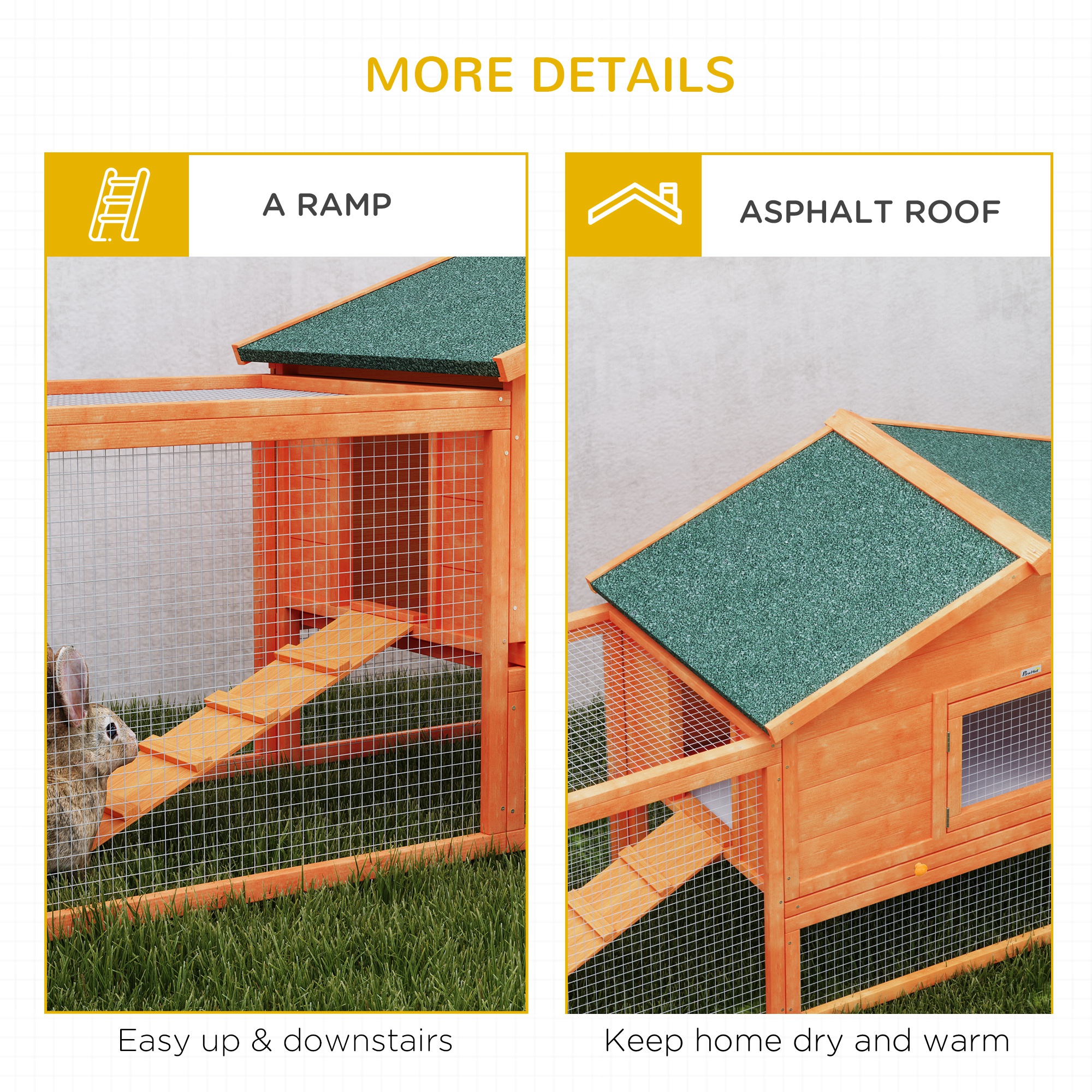 PawHut Wooden Rabbit Hutch with Run, Tray, Ramps, Asphalt Roof, 309 x 70 x 87cm, Orange 7