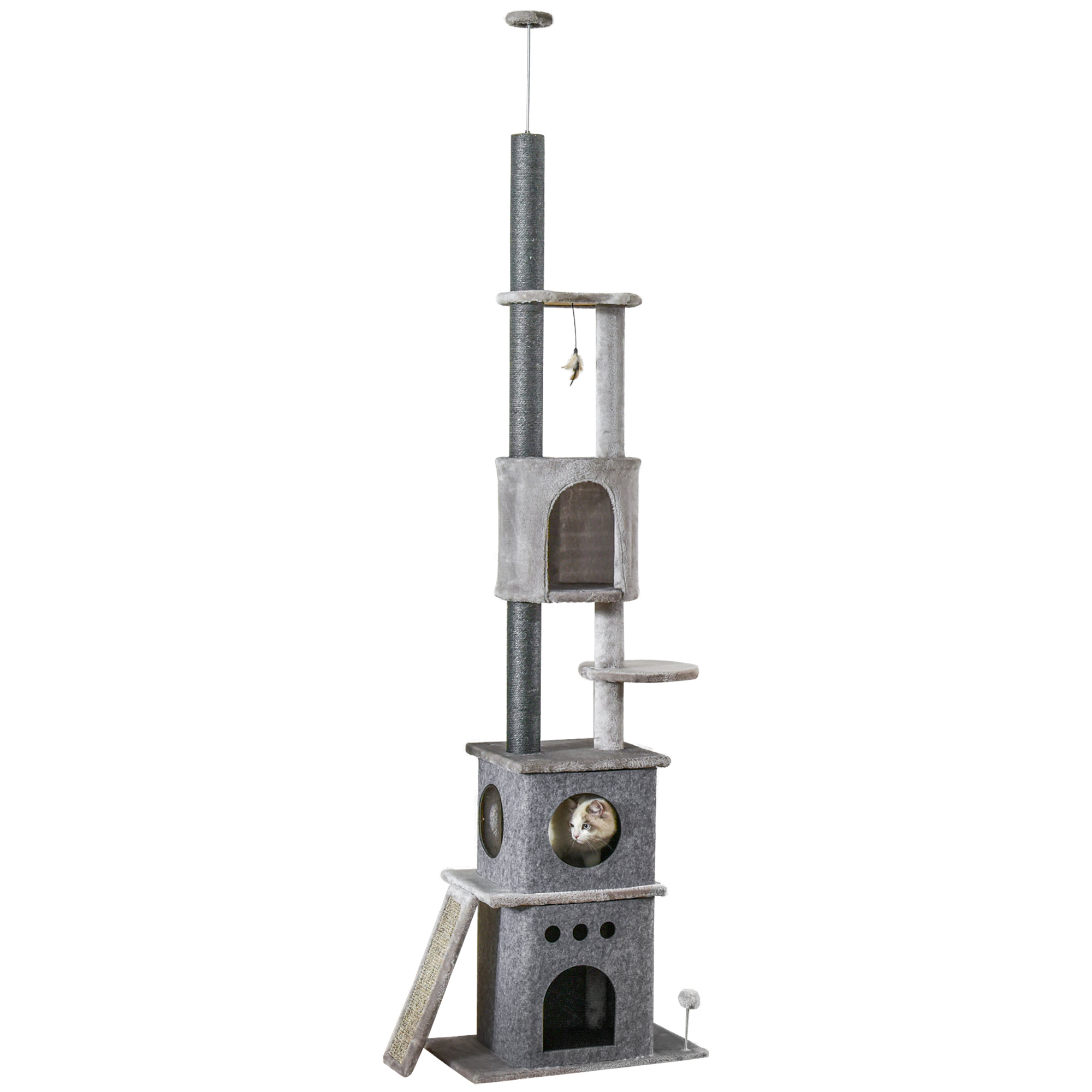 PawHut Cat Tree Tower for Indoor Cats 112cm Climbing Kitten Activity Center with Jute Scratching Post Perch Hanging Ball Toy Teasing Rope Dark grey
