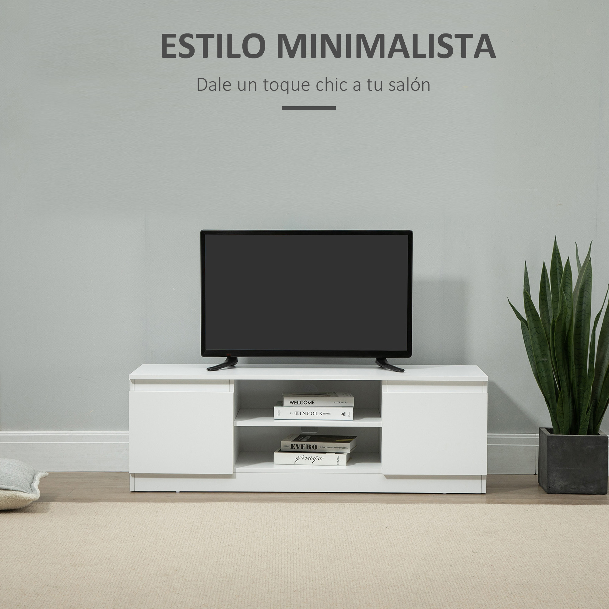 Mueble De TV Moderno Con 2 Puertas Y 2 Cajones - Para Televisores De Hasta 55 Pulgadas, En Blanco Y Roble