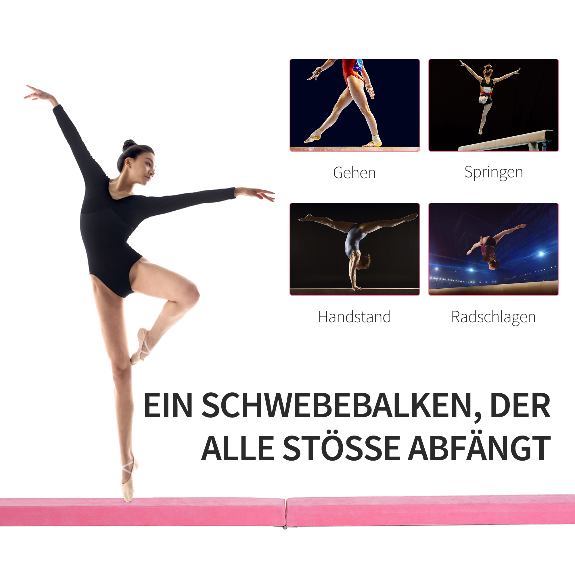 SPORTNOW Opvouwbare Evenwichtsbalk 236 Cm – Draagbaar, Antislip, EVA-schuim, Voor Kinderen Vanaf 3 Jaar, Roze