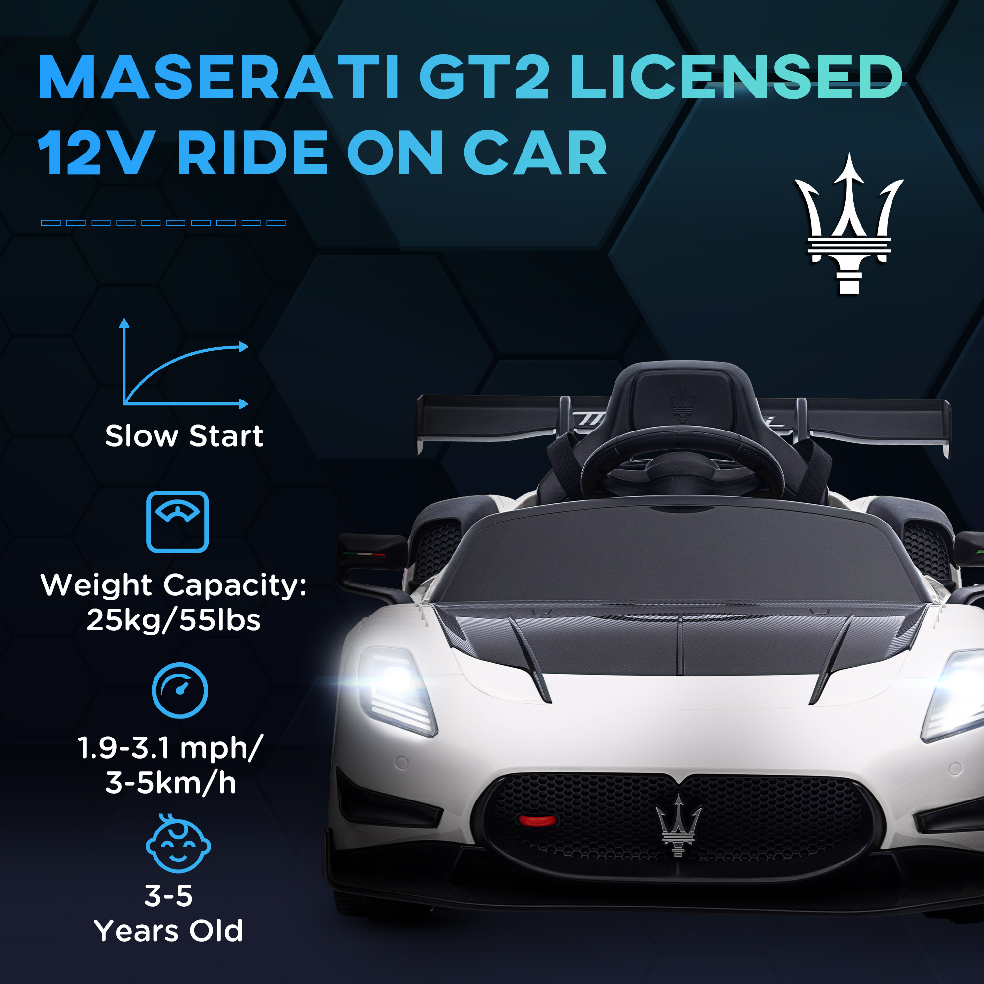 AIYAPLAY Maserati GT2 Licensed 12V Kids Electric Ride on Car with 4 Suspension Wheels, Remote Control, Music, Horn, Lights, White 4