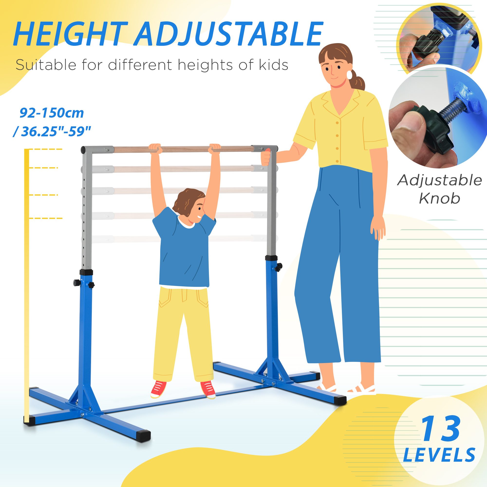 HOMCOM Height Adjustable Gymnastics Horizontal Bar for Kids, Children Junior Kip High Bar Fitness, Blue 4