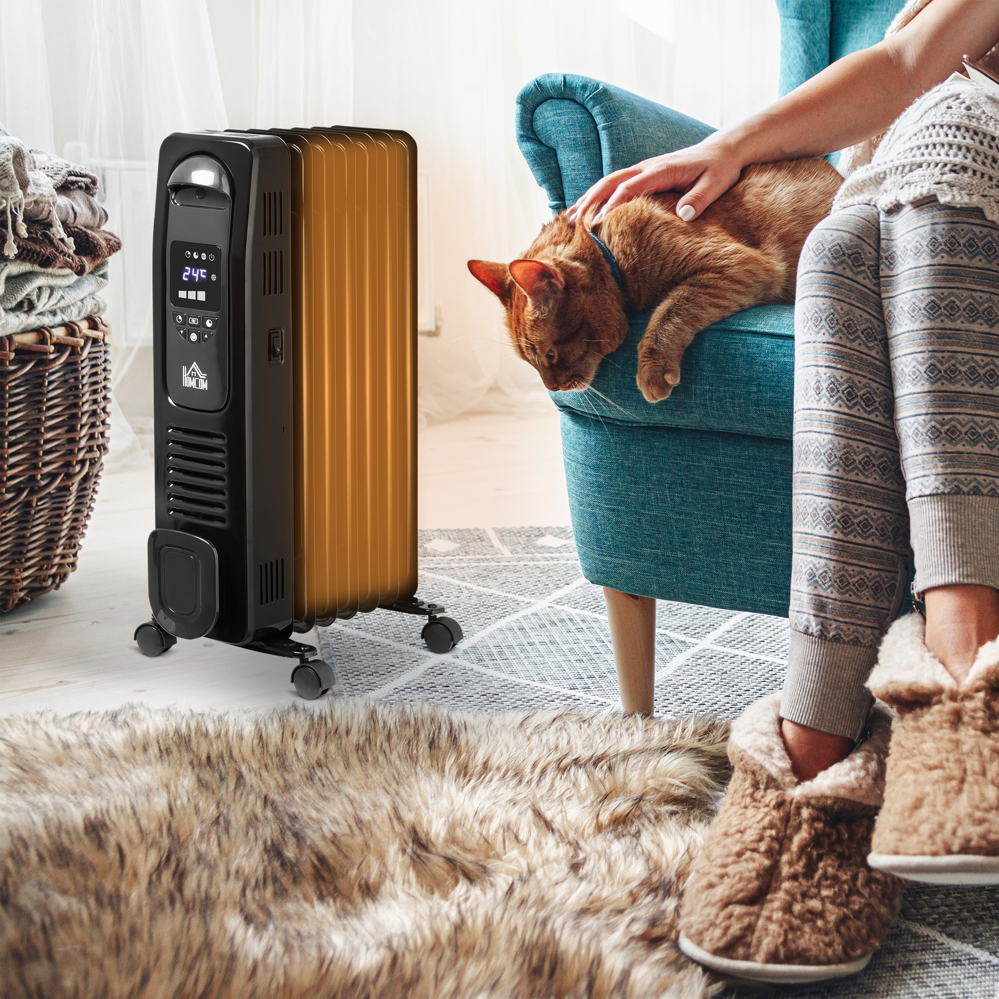 HOMCOM 1500W Digital Oil Filled Radiator, 7 Fin, Portable Electric Heater with LED Display, Built-in Timer, 3 Heat Settings, Safety Cut-Off and Remote Control, Black 2