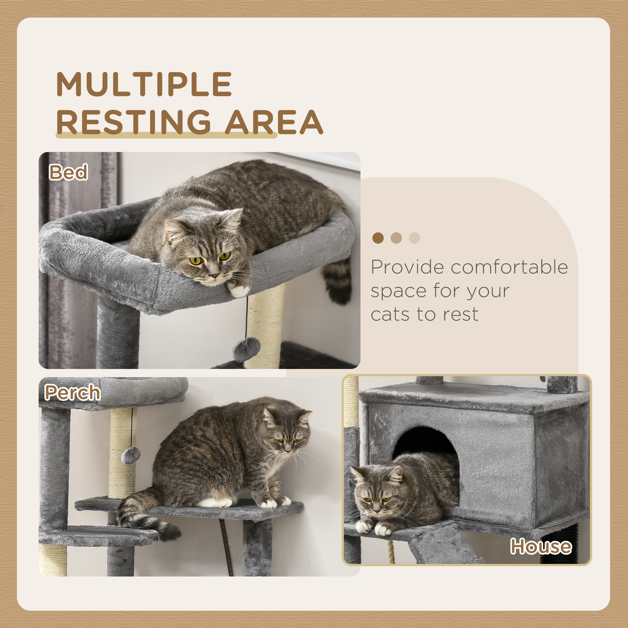 PawHut Cat Tree Tower for Indoor Cats, with Scratching Post, Cat House, Toy, Grey 5