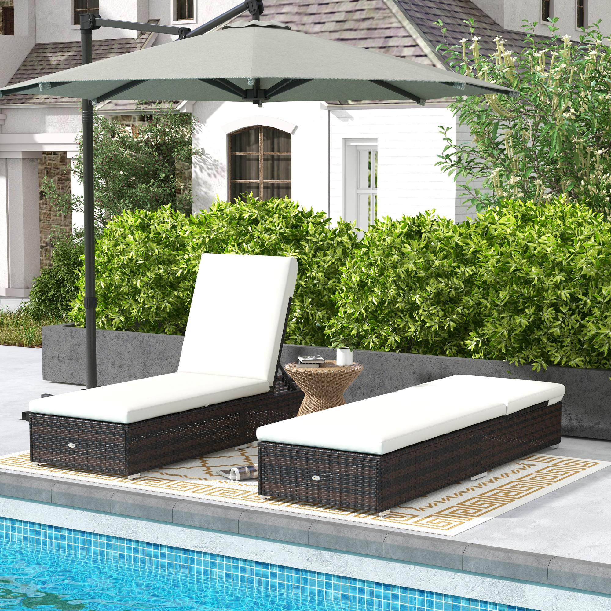 Outsunny Set of Two Rattan Sun Loungers, with Reclining Backs Brown/Cream 2