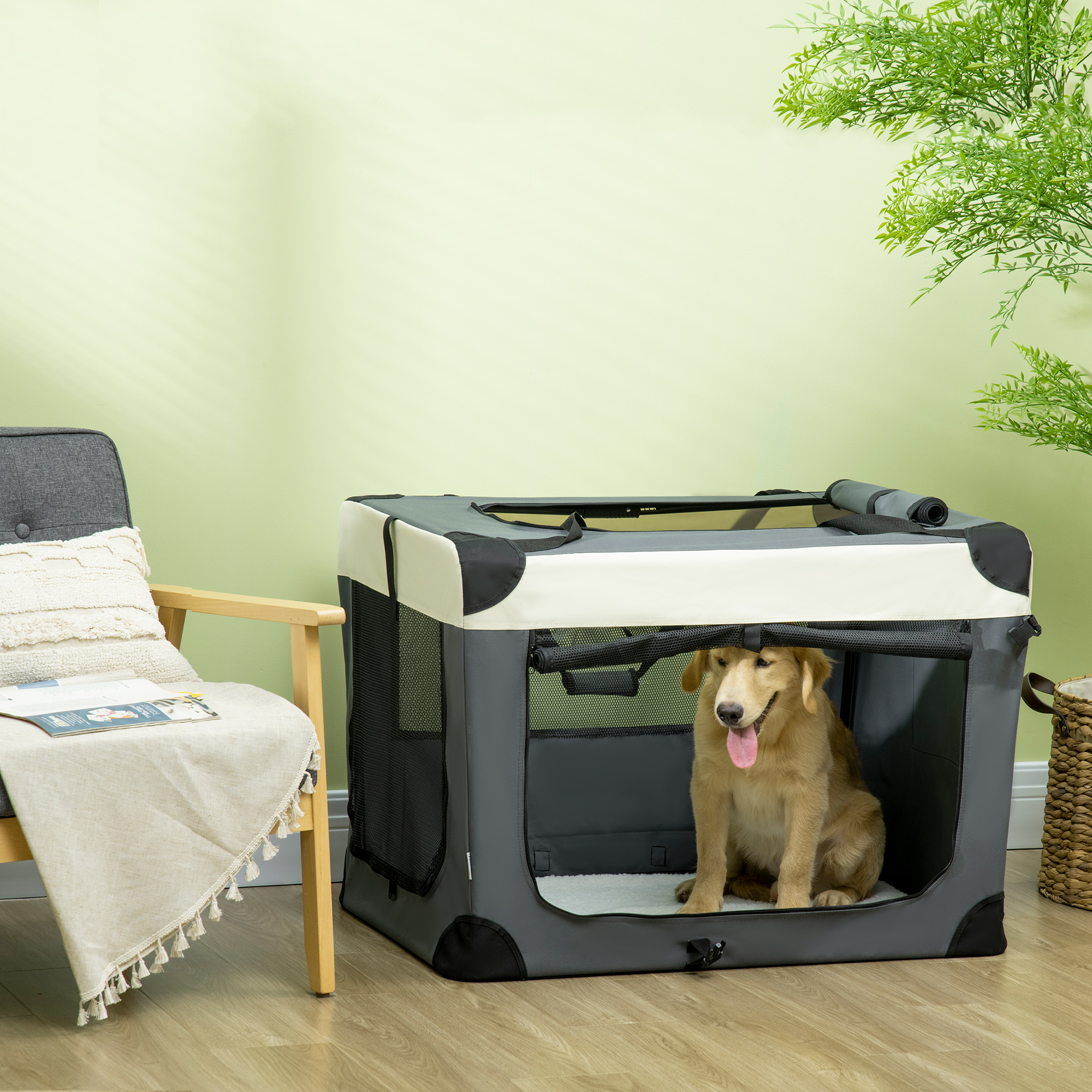 PawHut 91cm Foldable Pet Carrier, with Cushion, for Large Dogs and Cats Grey 2