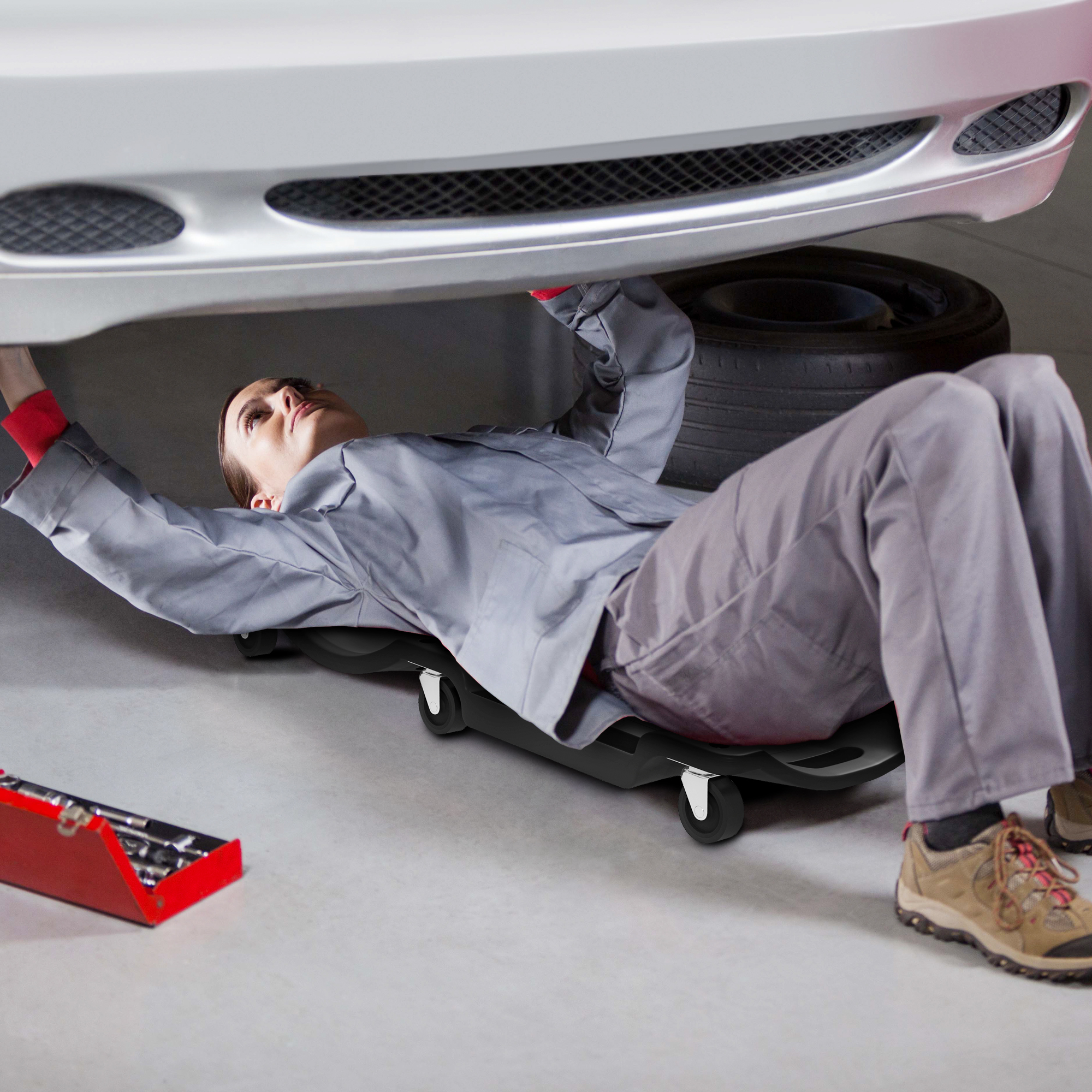 DURHAND Mechanic Vehicle Creeper, Under-Car Rolling Crawler Board, with Headrest, Wheels, Red