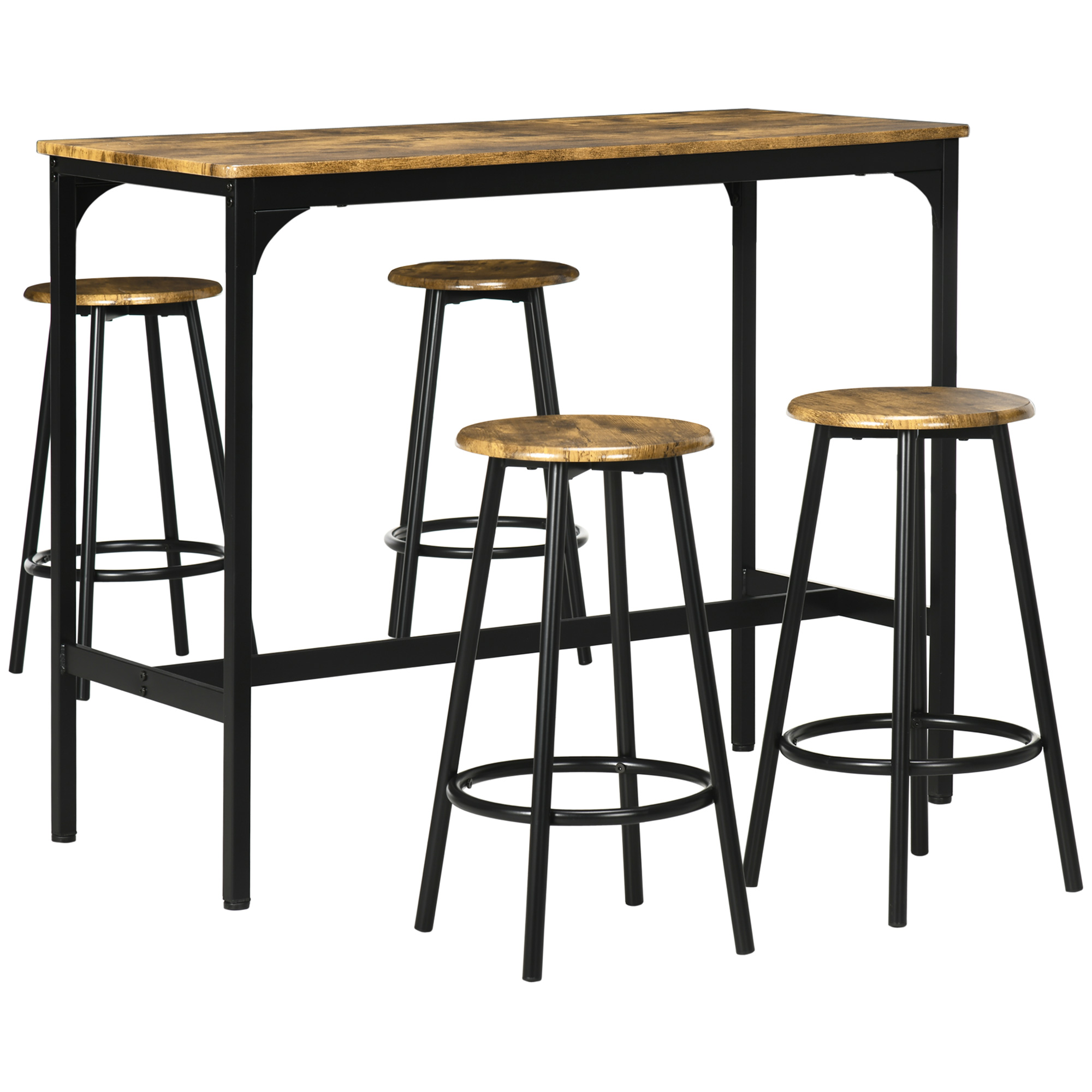 HOMCOM Ensemble table haute et 4 tabourets avec Repose-Pieds, métal noir et aspect bois pour cuisine salle à manger