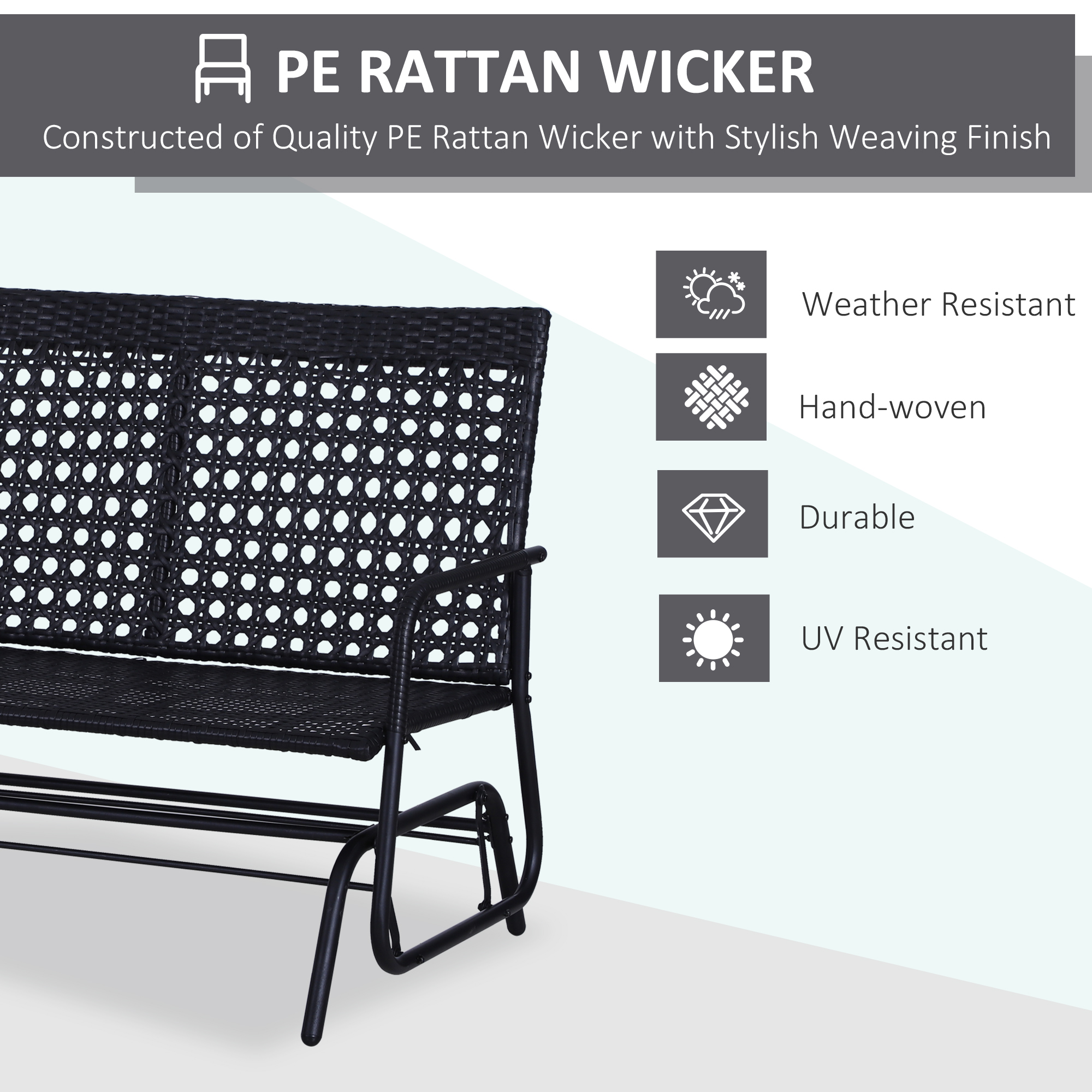 Outsunny 2 Seater PE Rattan Glider Bench, Outdoor Loveseat Chair with Steel Frame, Porch Rocking Glider for 2 Person with Armchair, High Back, Black 5
