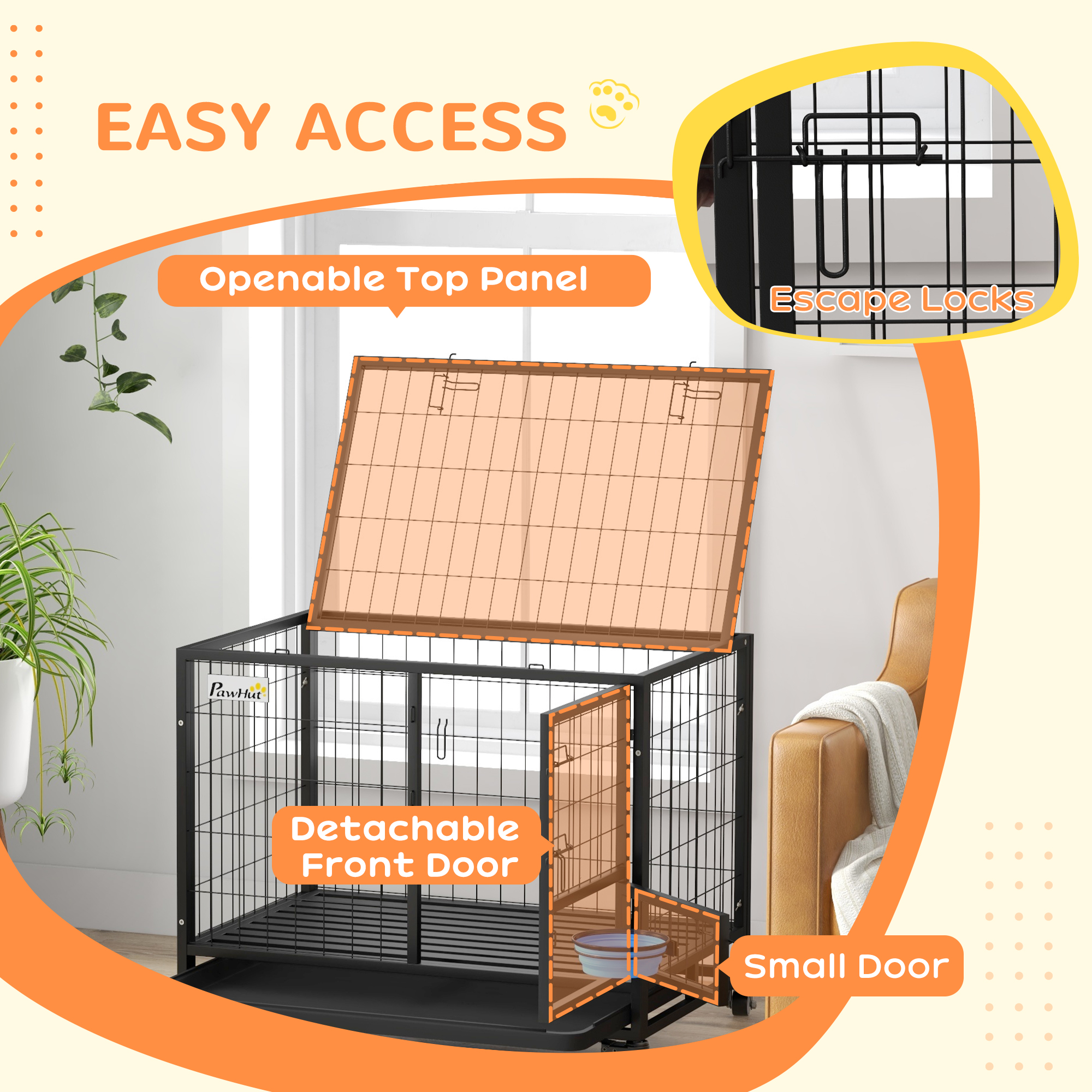PawHut Heavy Duty Dog Crate on Wheels w/ Bowl Holder, Removable Tray, Openable Top, Detachable Door, for M, L Dogs 6