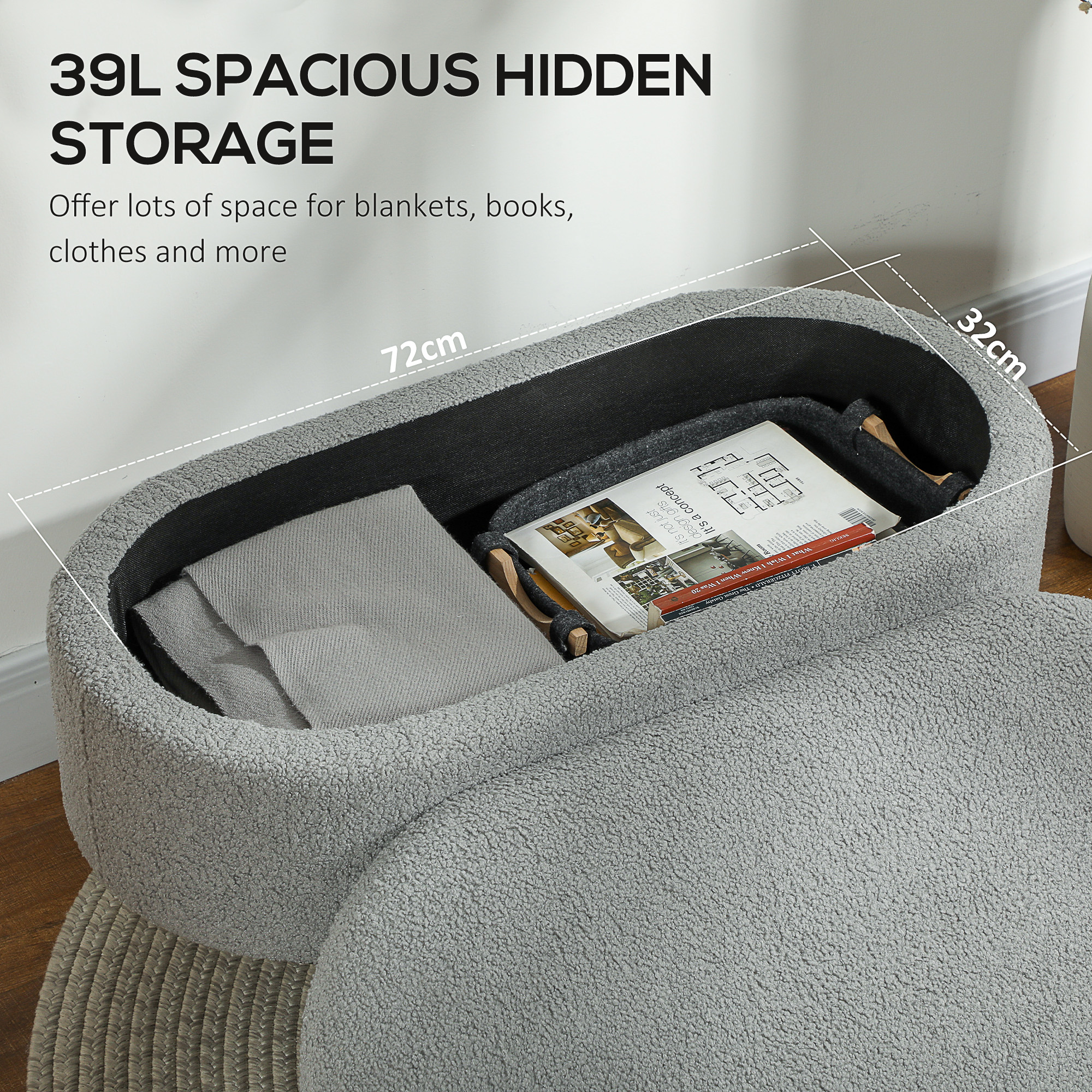 HOMCOM Teddy Fleece Storage Ottoman Grey 4