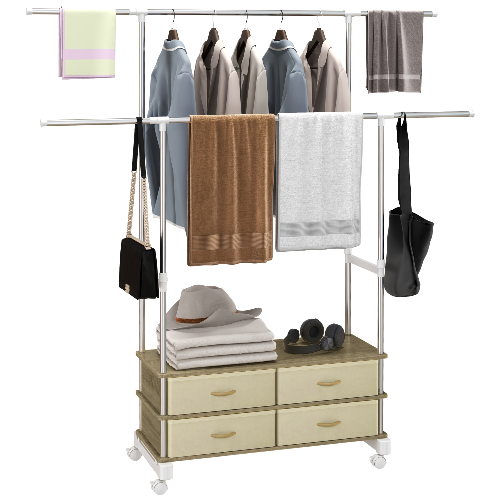 Portant à Vêtements En Bambou Avec Roulettes - Penderie Double Tringle Et étagère à Chaussures - Rangement Chambre Ou Buanderie - 80x40x160 Cm