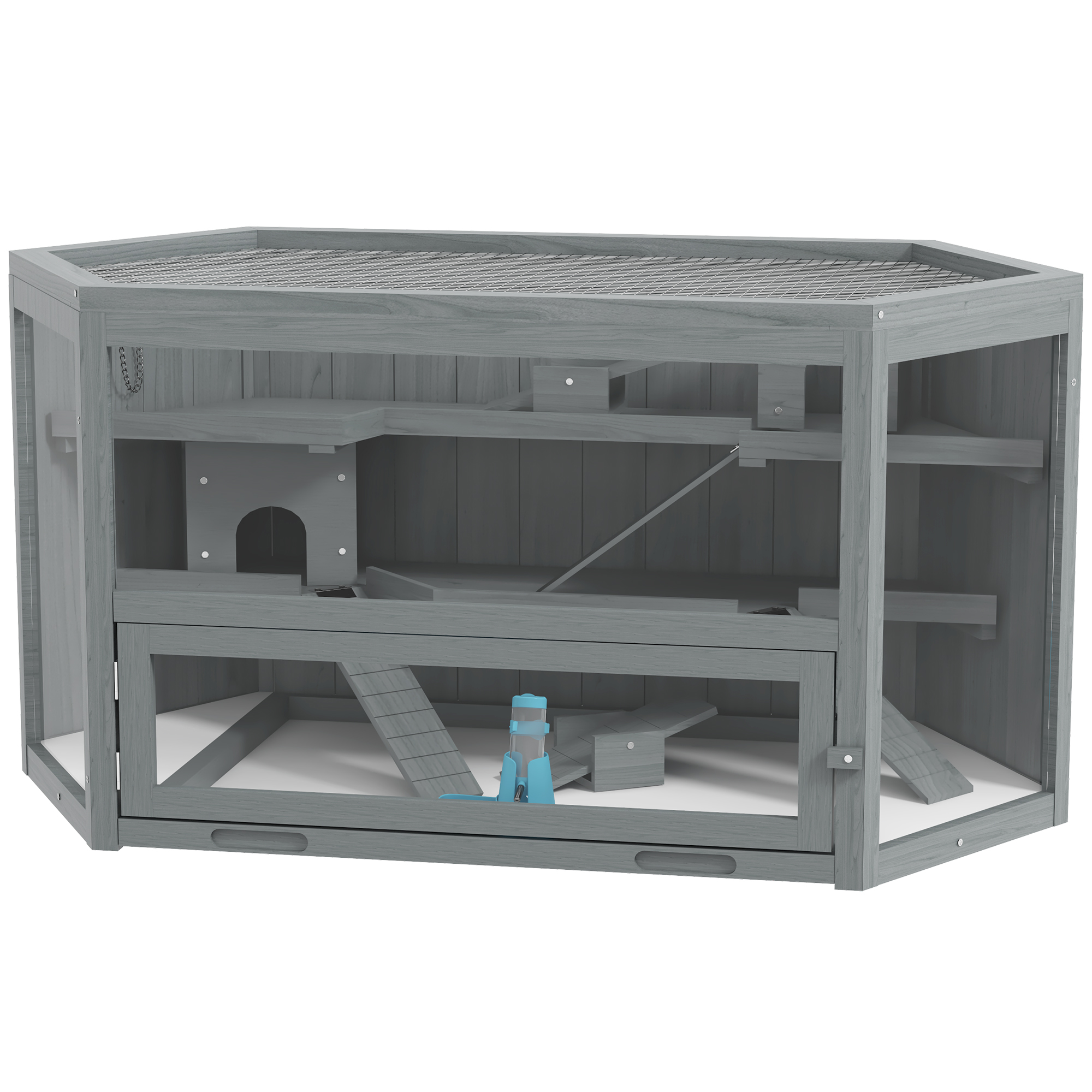 PawHut 3 Etagen Nagerkäfig, 6-eckig Kleintierkäfig, Kleintierhaus aus Holz, Mäusekäfig, Hamsterkäfig mit klappbarem Deckel, Sichtfenster, Rampe, 115 x 60 x 55 cm Grau   Aosom – PawHut