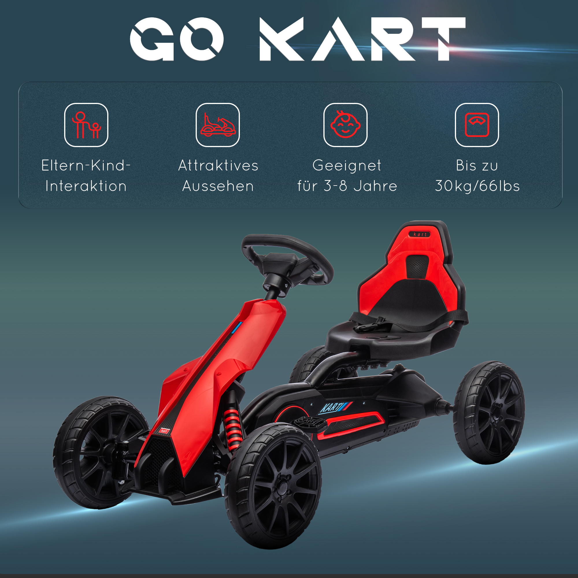 Pedaalidega go-kart 3–8-aastastele lastele, punane ja must