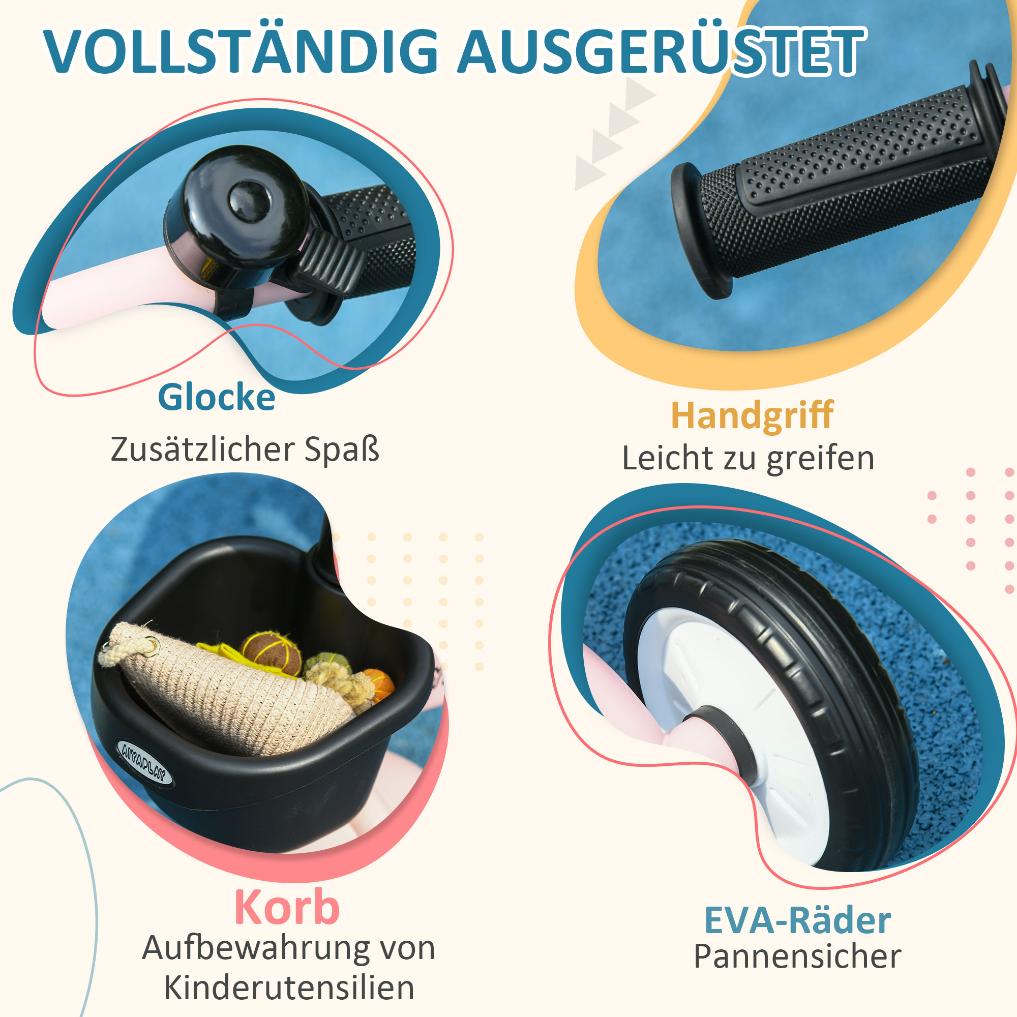 Kolmerattaline lastele vanuses 2-5 aastat, reguleeritava kõrgusega iste, kell, jalgrattakorv, metallraam, roosa