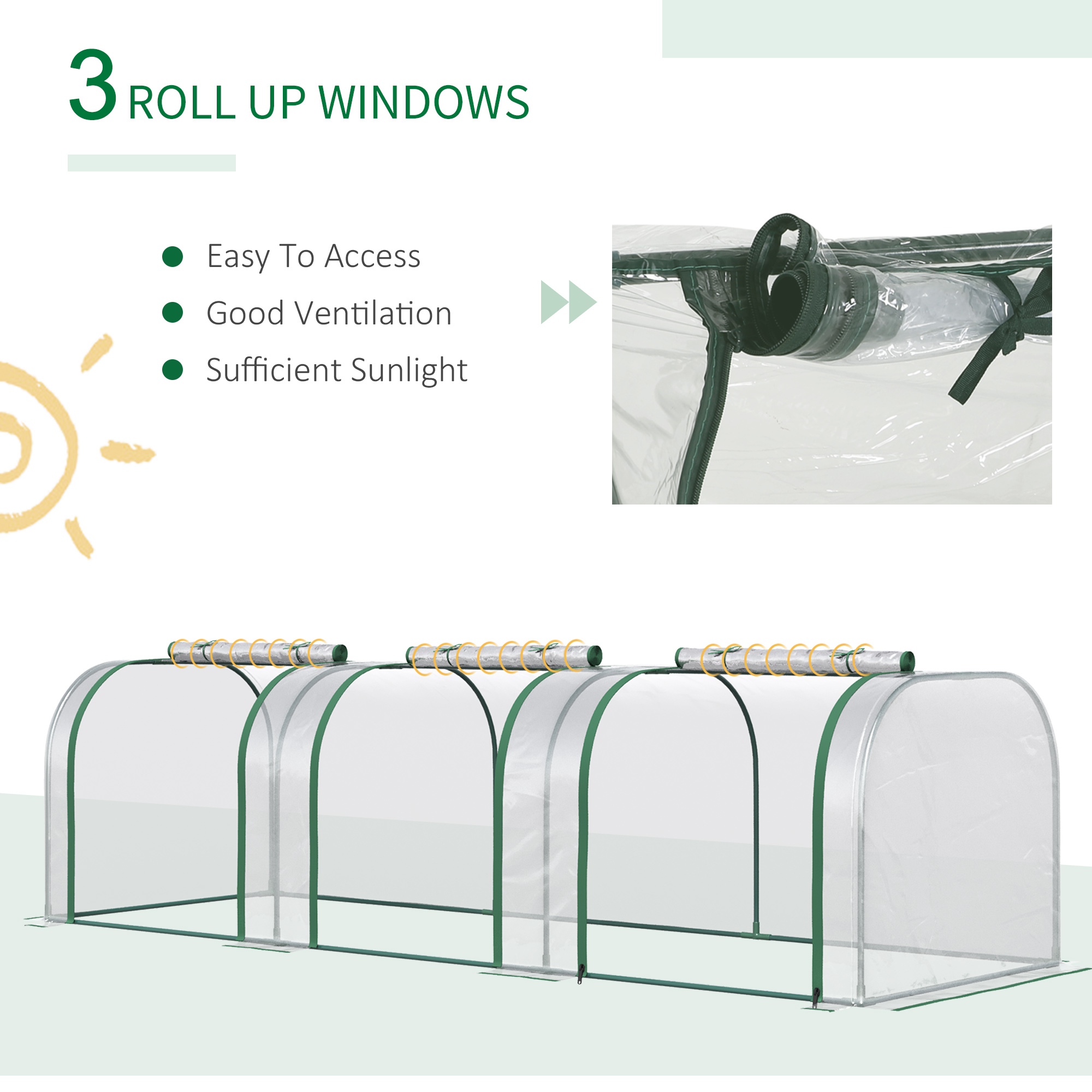 Outsunny PVC Tunnel Greenhouse Green Grow House Steel Frame for Garden Backyard with Zipper Doors 295x100x80 cm, Clear 7