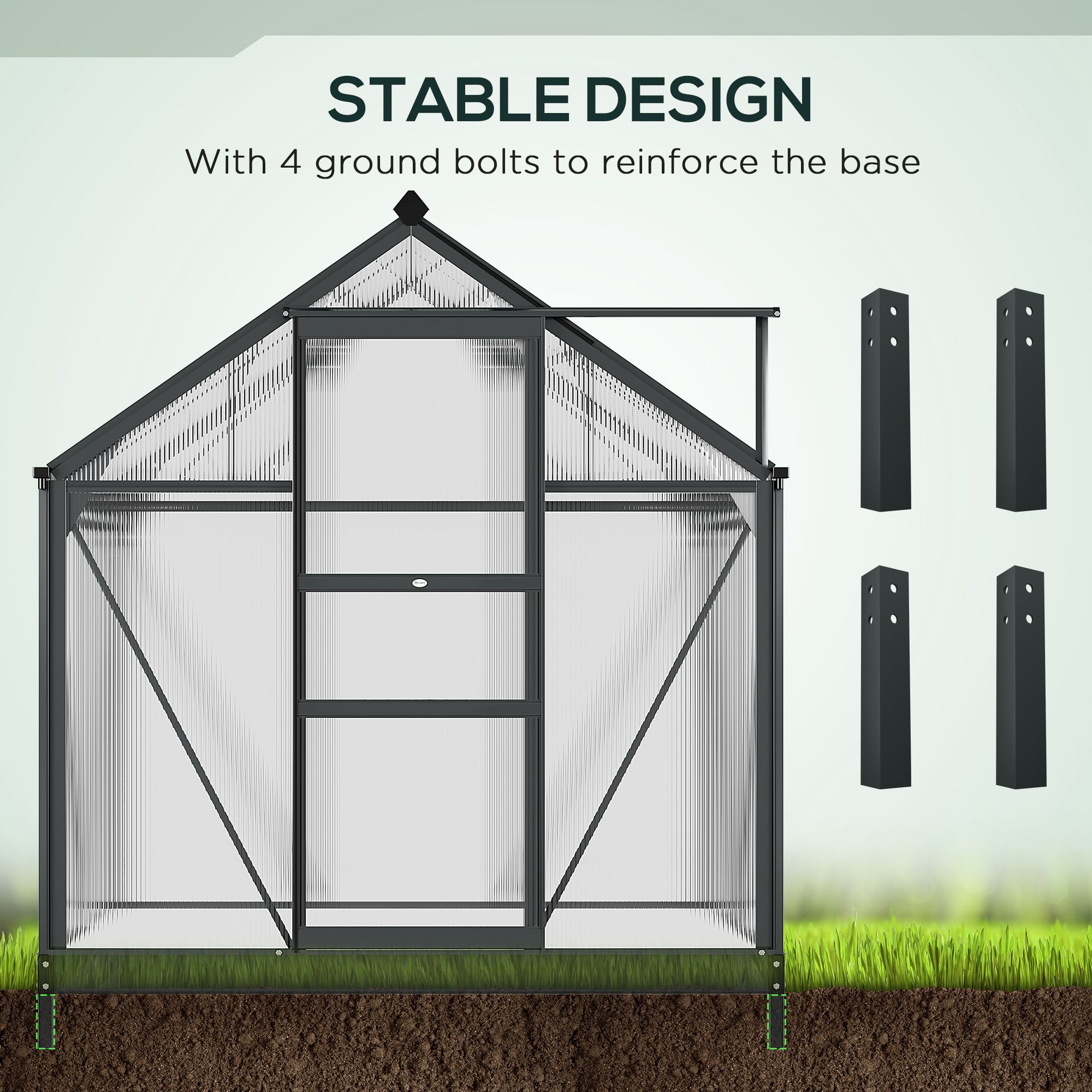Outsunny 6 x 4ft Polycarbonate Greenhouse, Large Walk-In Green House with Slide Door and Window, Garden Plants Grow House with Aluminium Frame and Foundation, Grey 4