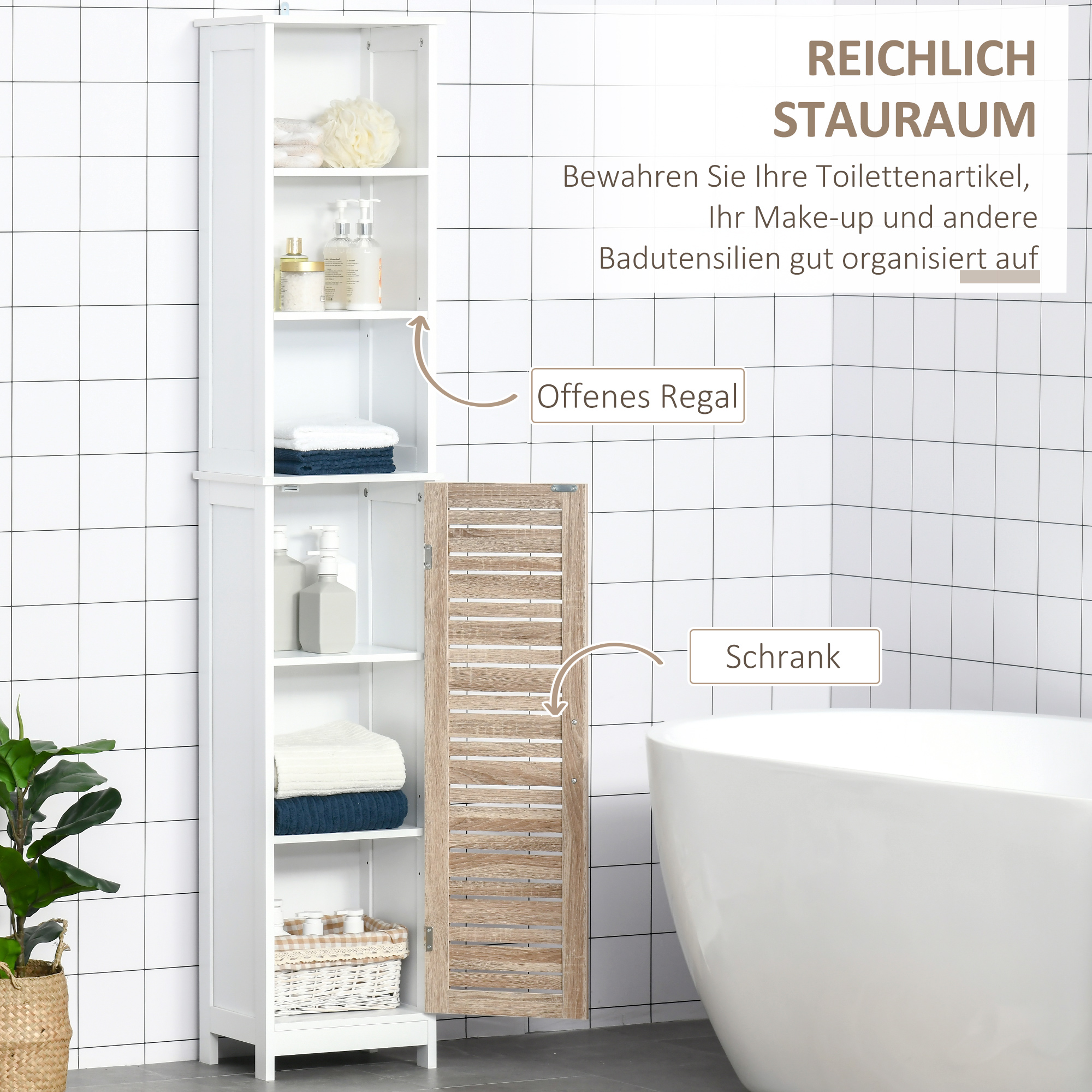 Kleankin Badezimmerschrank 195cm - Mit 2 Schränken & 2 Regalen, Weiß+Natur