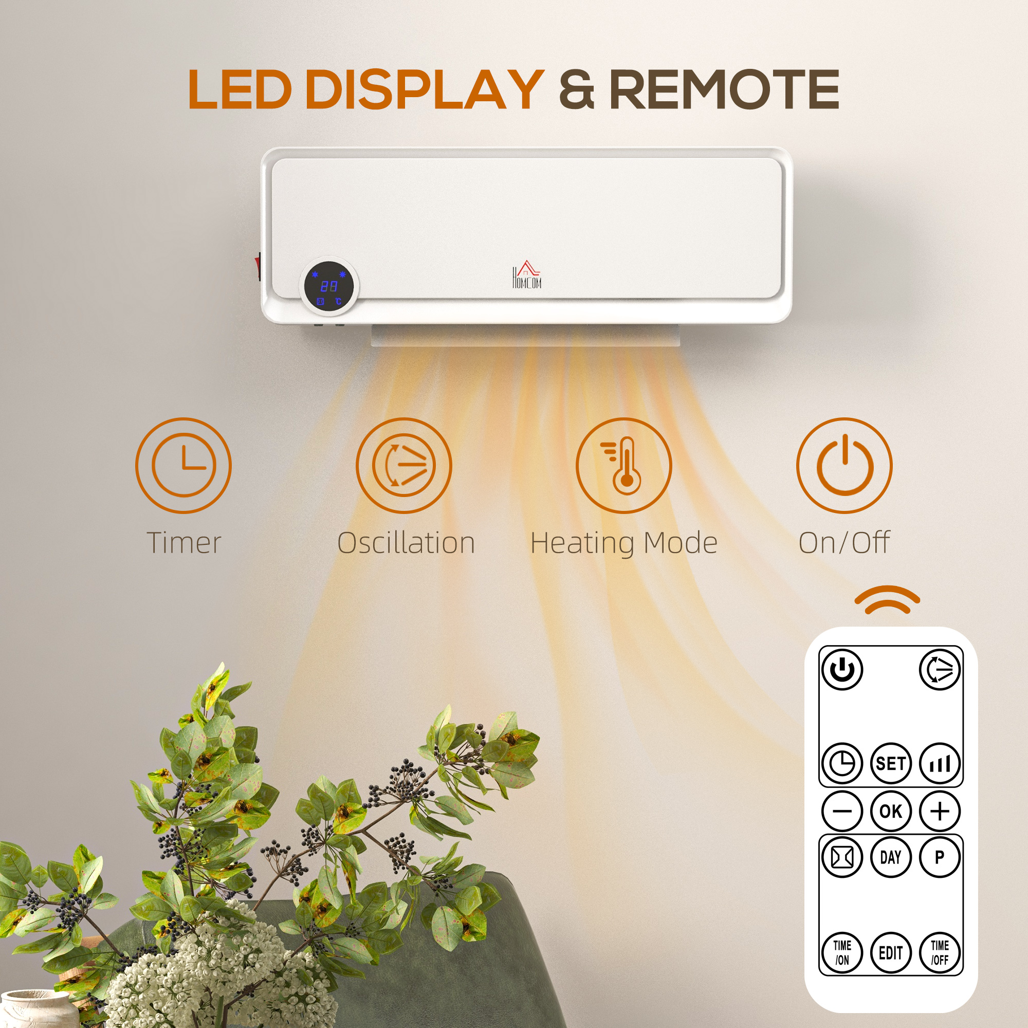 HOMCOM Wall Downflow Heater 2 Heat and Fan 1000W/2000W, Electric Space Heater with Timer Remote Oscillating, for Bedroom Home Office, White 5