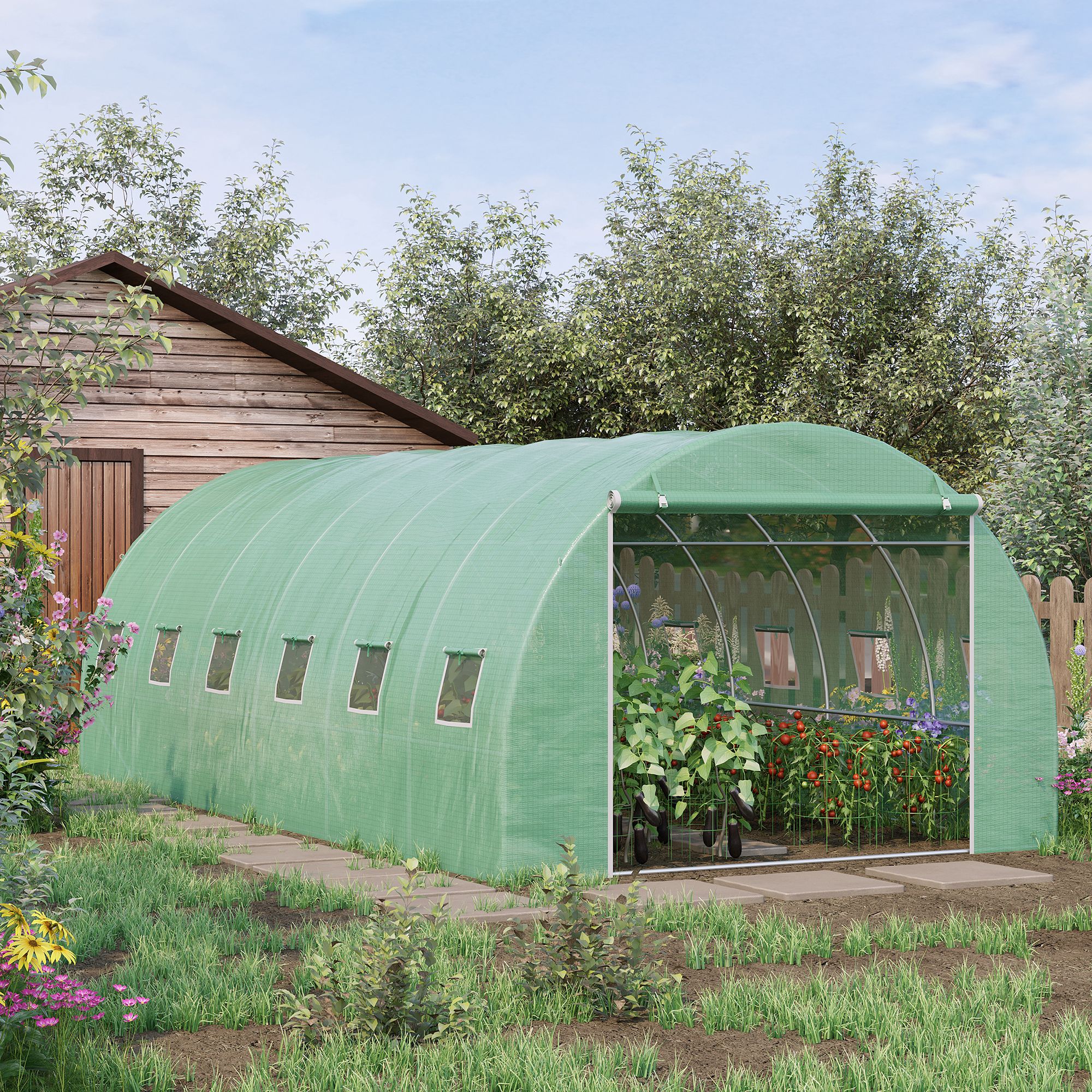 Outsunny 6 x 3 x 2 m Polytunnel Greenhouse with Roll-up Door and 12 Mesh Windows, Walk-in Garden Tunnel Warm House Tent with UV-resistant PE Cover and Galvanised Steel Frame, Green 2