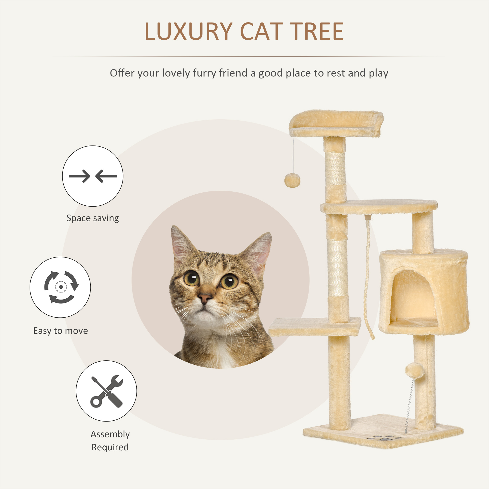 PawHut Cat Tree for Indoor Cats Pet Activity Centre Kitty Condo Climbing Scratching Post with Toys 4-tier 114cm Tall Beige 4