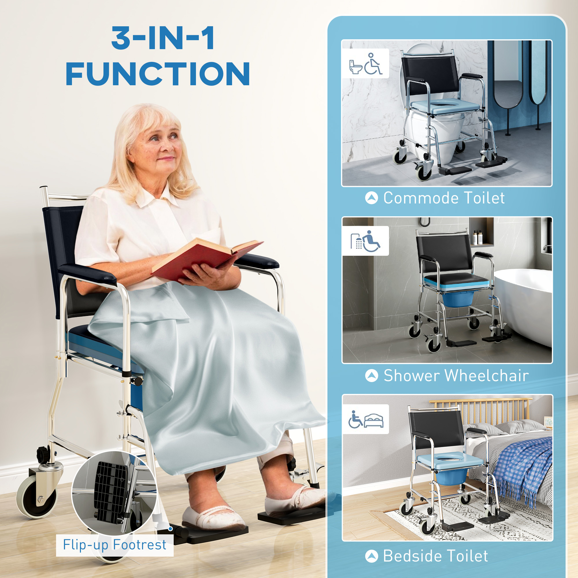 HOMCOM 3-In-1 Commode Wheelchair Black 4