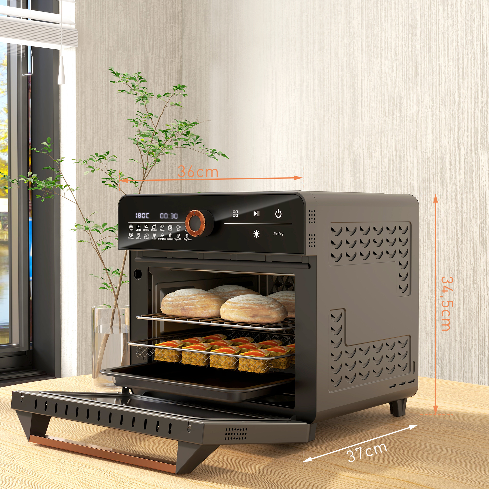 HOMCOM Minibackofen Mit Umluft 13L Mini Ofen Mit Backblech, Grillrost Und Krümelblech, 40 °C-220 °C Heißluftfritteuse Mit 12 Programmen, Frittierkorb, 12h Timer, 1500W, Edelstahl
