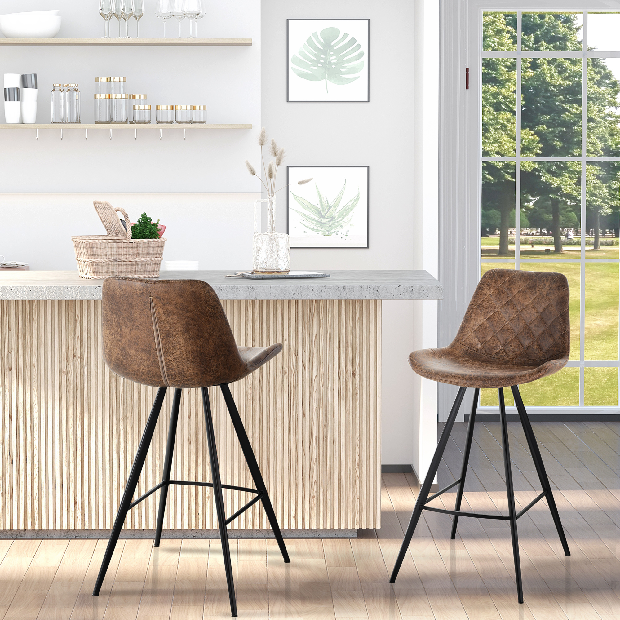 HOMCOM Set Of 2 Bar Stools Vintage Microfiber Cloth Tub Seats Padded Comfortable Steel Frame Footrest Quilted Home Bar Cafe Kitchen Chair Stylish Brown 2