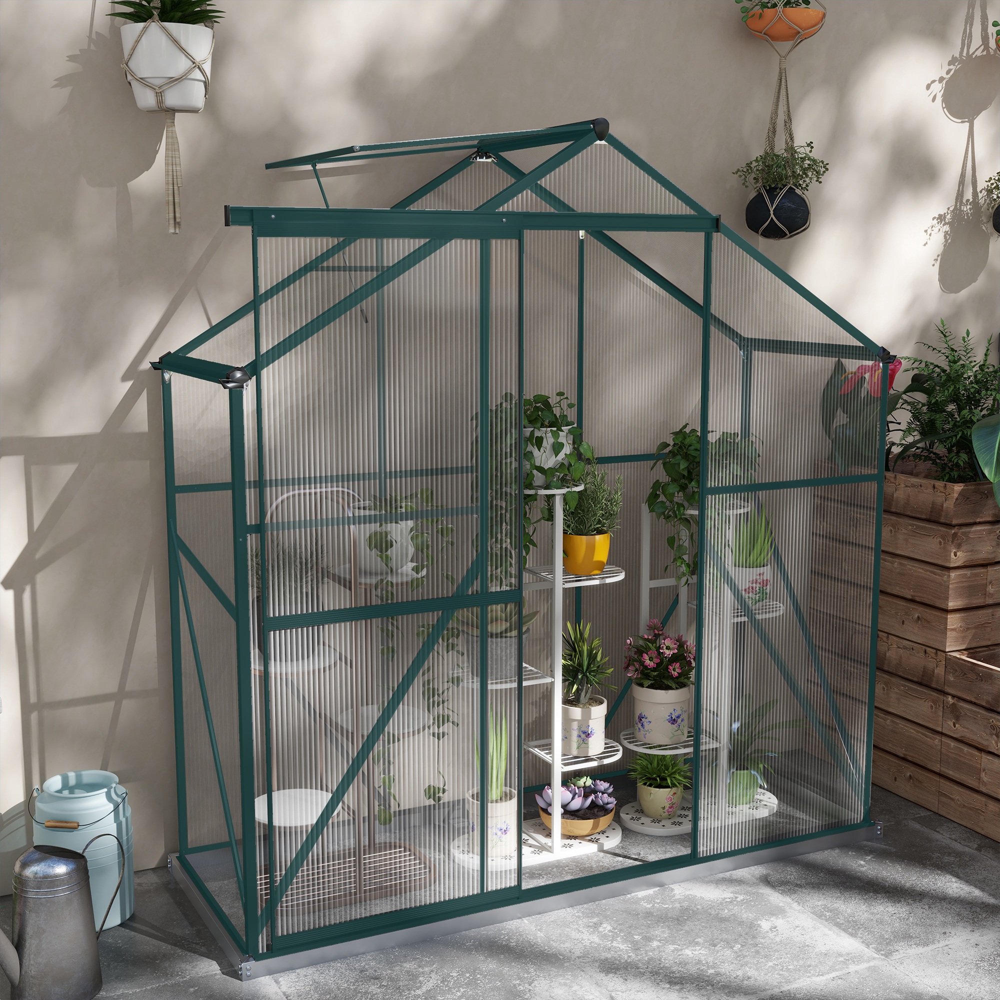 Outsunny 6 x 2.5ft Polycarbonate Greenhouse Walk-In Green House with Rain Gutter, Sliding Door, Window, Foundation, Green 2