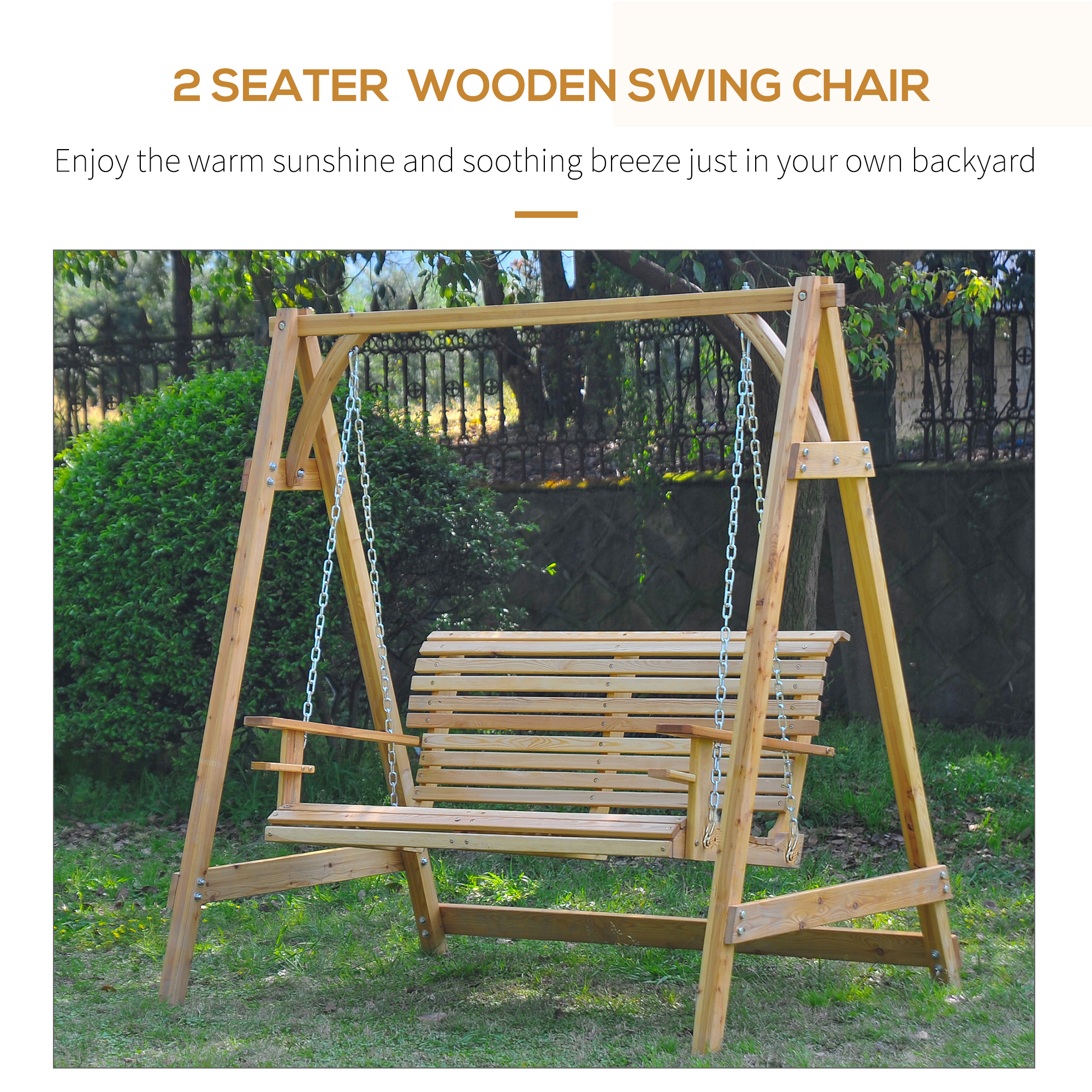 Outsunny 2 Seater Garden Swing Seat, Wooden Swing Chair Bench with Cup Holders for Outdoor Porch Patio, Natural 4