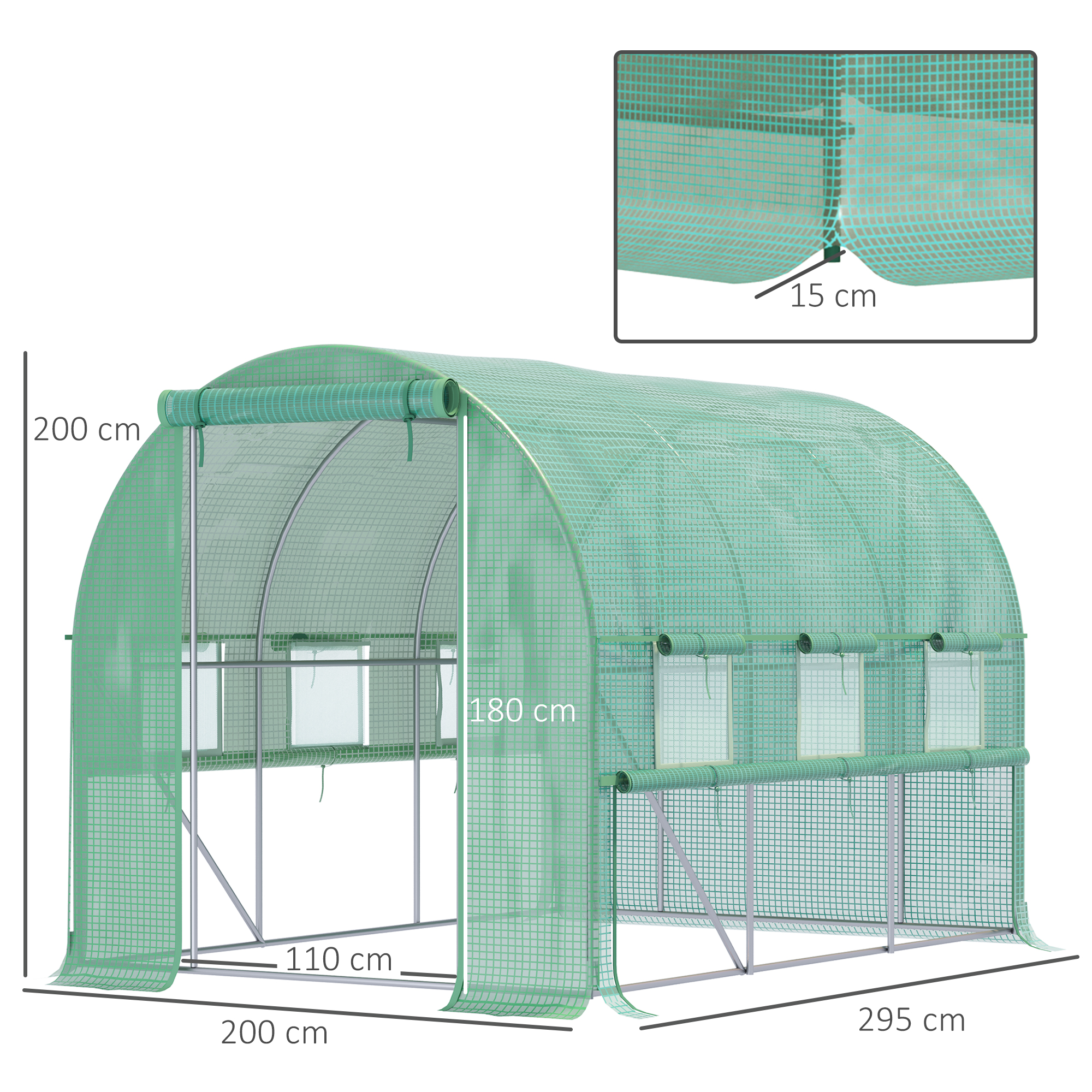 Outsunny Walk-in Polytunnel Greenhouse Green House with Roll-up Sidewalls, UV-resistant PE Cover, 3 x 2 x 2m, Green 3
