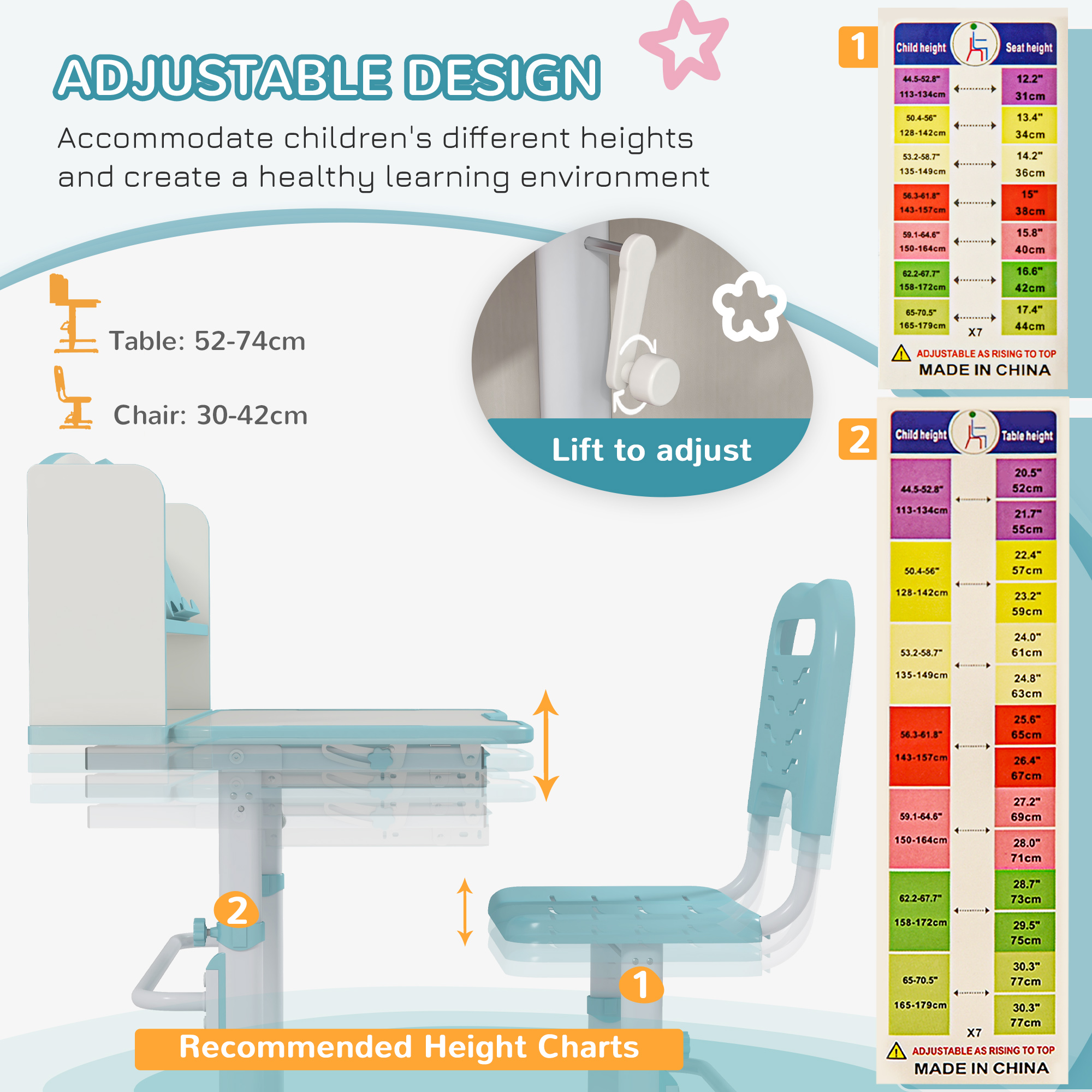 ZONEKIZ Height Adjustable Kids Study Table and Chair Set, with Drawer, Storage Shelf, 80 x 54.5 x 104 cm, Blue 6