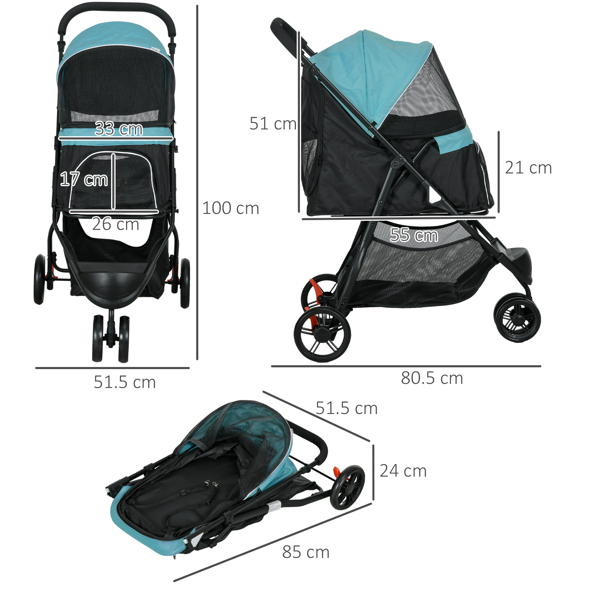 PawHut Foldable Pet Stroller w/ Rain Cover, for XS Dogs, S Dogs Dark Green 3