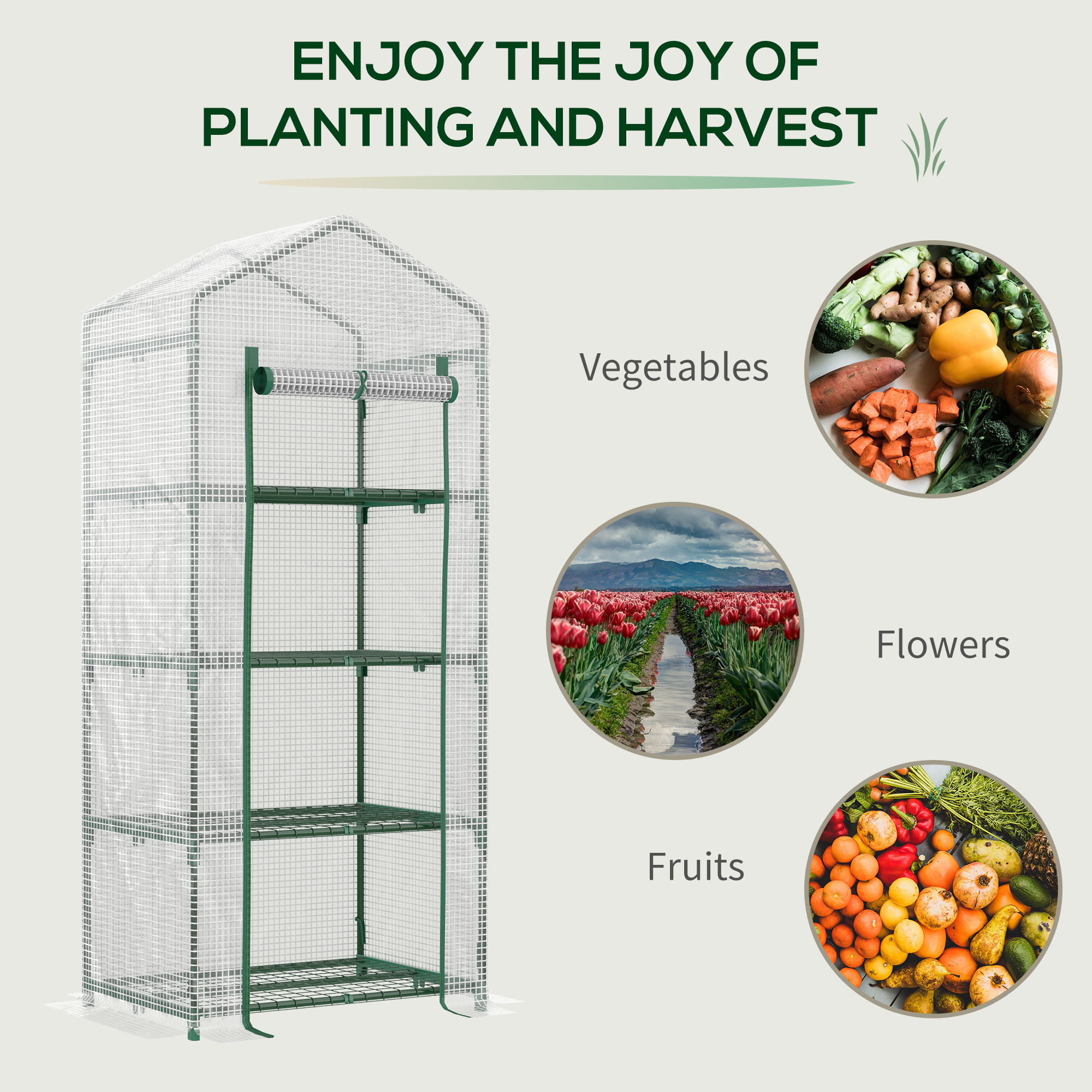 Outsunny 4 Tier Mini Greenhouse, Portable Compact Green House with Steel Frame, PE Cover, Roll-up Door, 70 x 50 x 160 cm, White 7