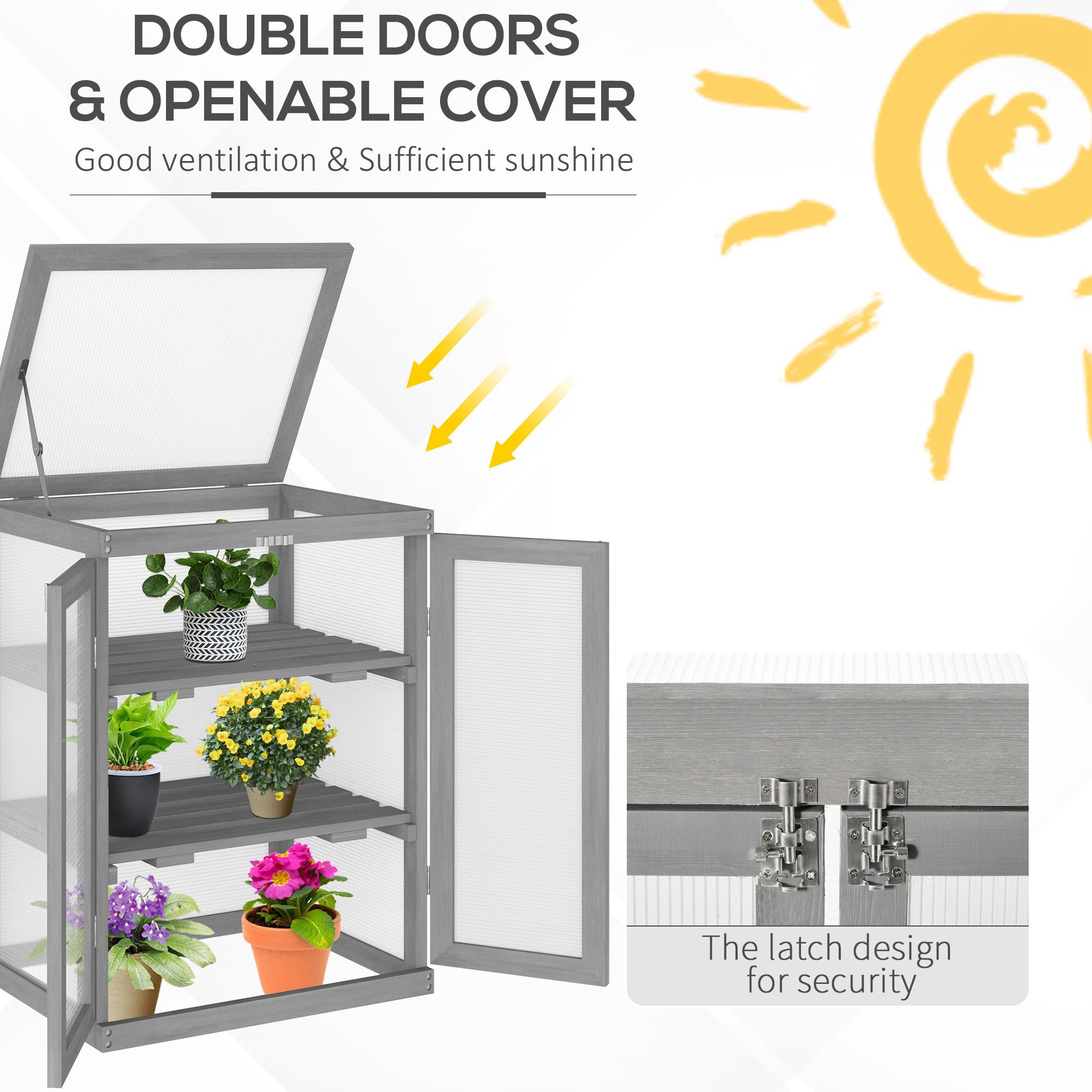 Outsunny 3-tier Wood Greenhouse Garden Polycarbonate Cold Frame Balcony Grow House w/ Storage Shelf for Plants, Flowers, Dark Grey 5