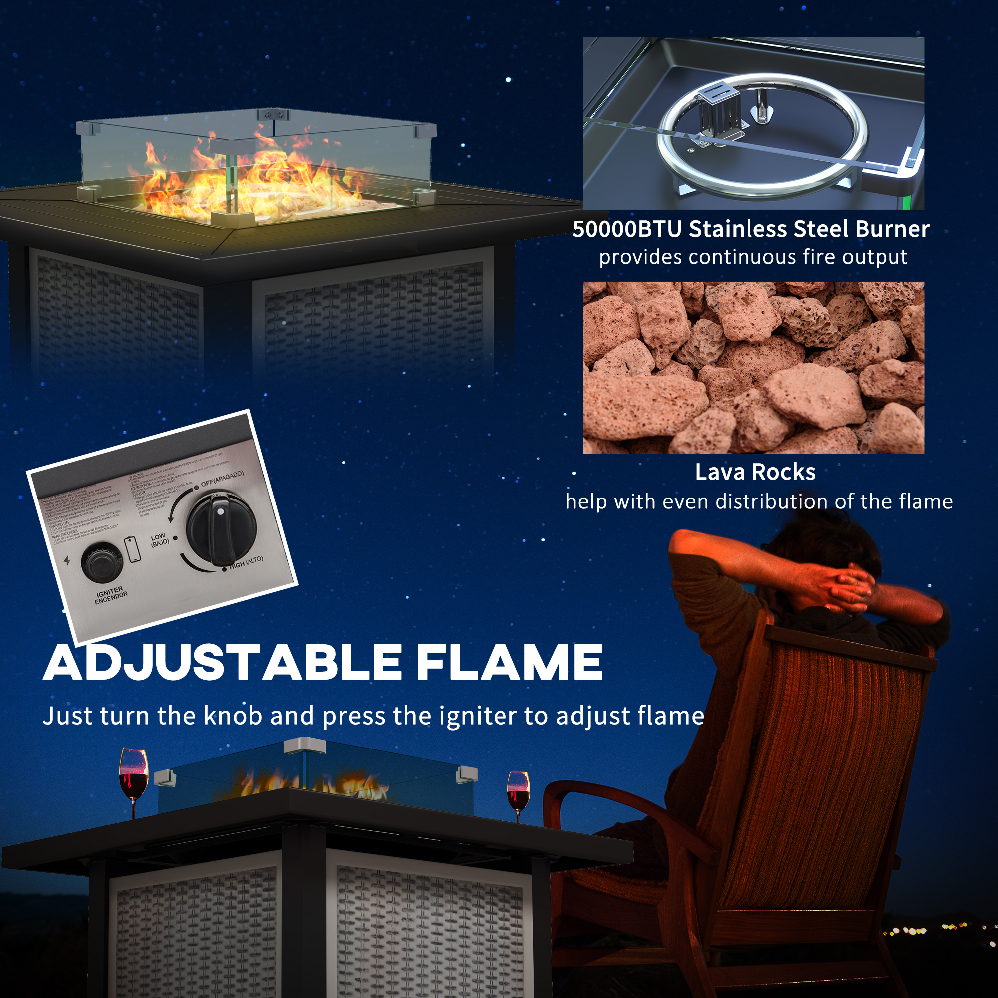 Outsunny 81 x 81cm 50,000 BTU Gas Fire Pit Table Grey 6