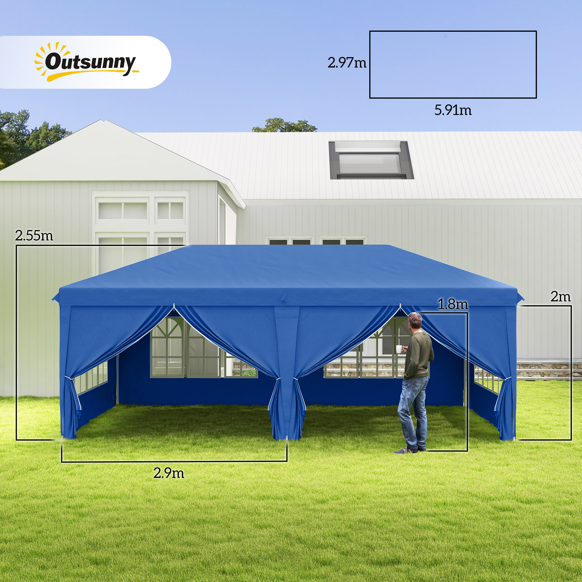 Outsunny 3 x 6 m Garden Pop Up Gazebo, Wedding Party Tent Marquee, Water Resistant Awning Canopy with Sidewalls, Windows, Carry Bag, Blue 3