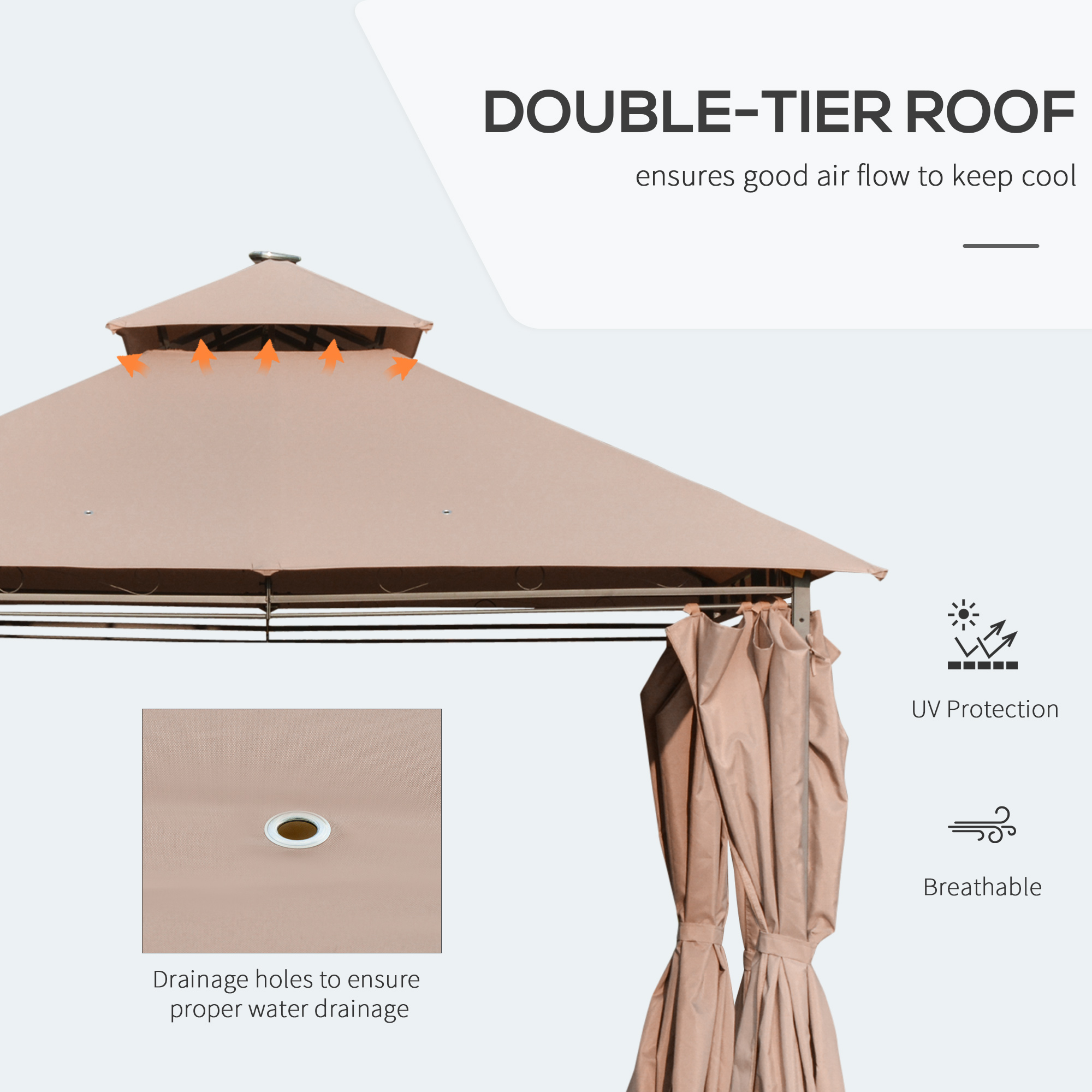 Outsunny 4 x 3(m) Outdoor Gazebo Canopy Party Tent Garden Pavilion Patio Shelter w/ LED Solar Light, Double Tier Roof, Curtains, Steel Frame, Khaki 4