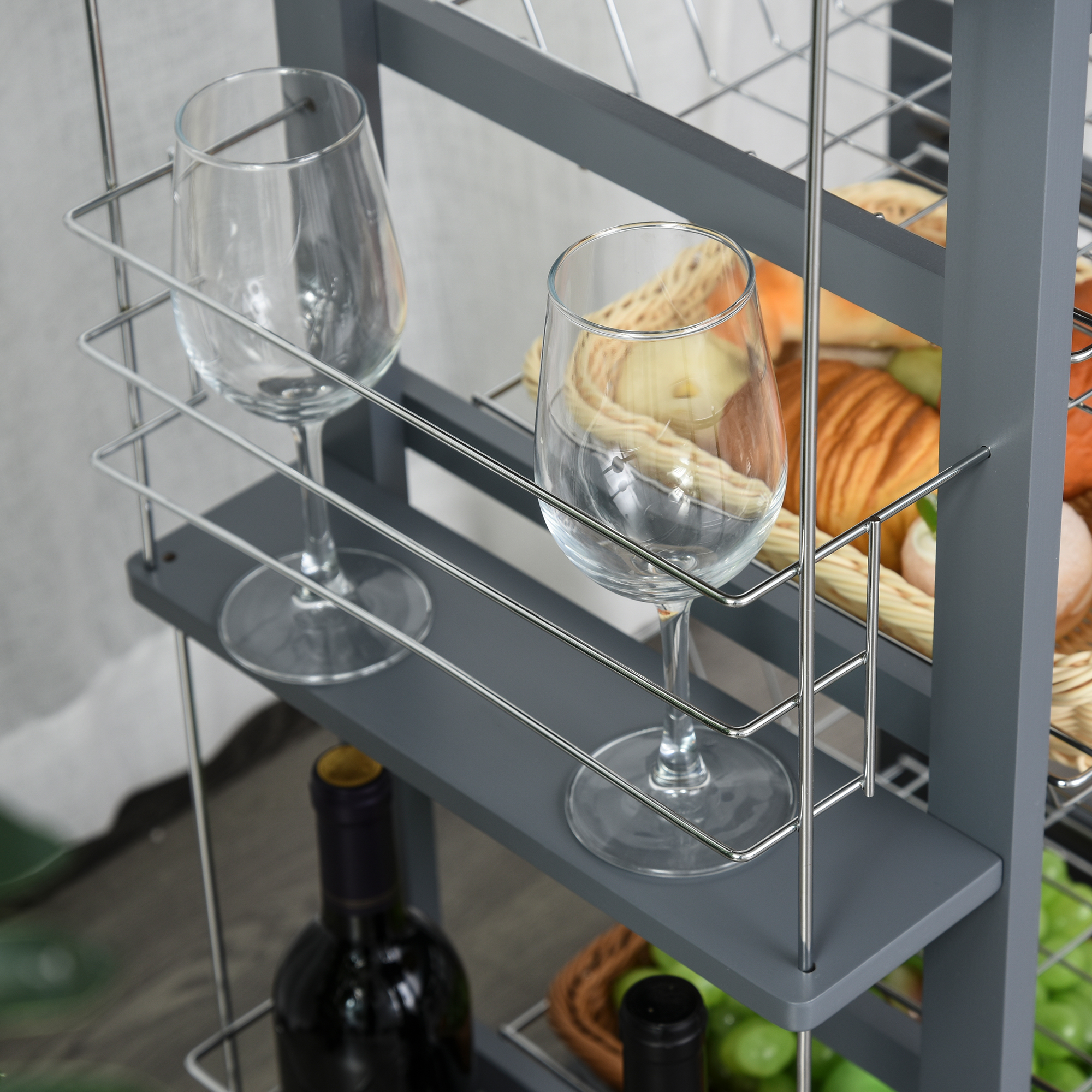 HOMCOM Rolling Kitchen Cart, Utility Storage Cart with 4 Basket Drawers & Side Racks, Wheels for Dining Room, Grey 8