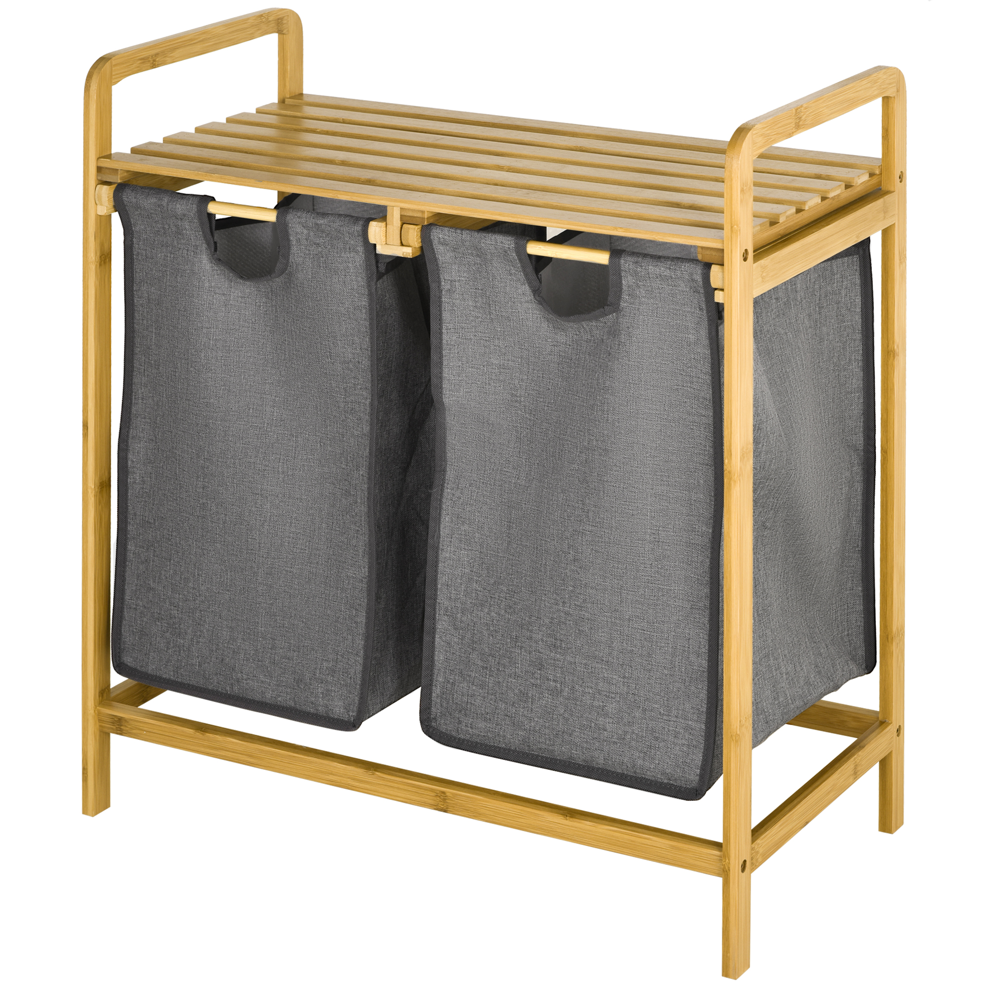 Cesto Portabiancheria 2 Scomparti 95L - Yalixuan Con Ripiano E Sacchetti Estraibili - Struttura In Legno E Metallo, Piedini Regolabili - Per Bagno, Camera Da Letto, Lavanderia