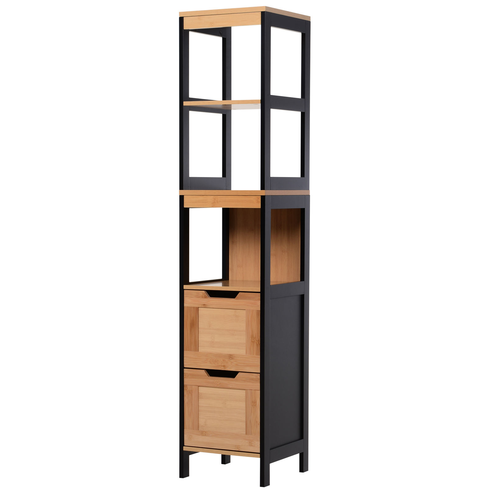 kleankin Meuble colonne rangement salle de bain style cosy dim. 30L x 30l x 144H cm 3 étagères 2 tiroirs bambou MDF noir kleankin Meuble colonne rangement salle de bain style cosy dim. 30L x 30l x 144H cm 3 étagères 2 tiroirs bambou MDF noir
